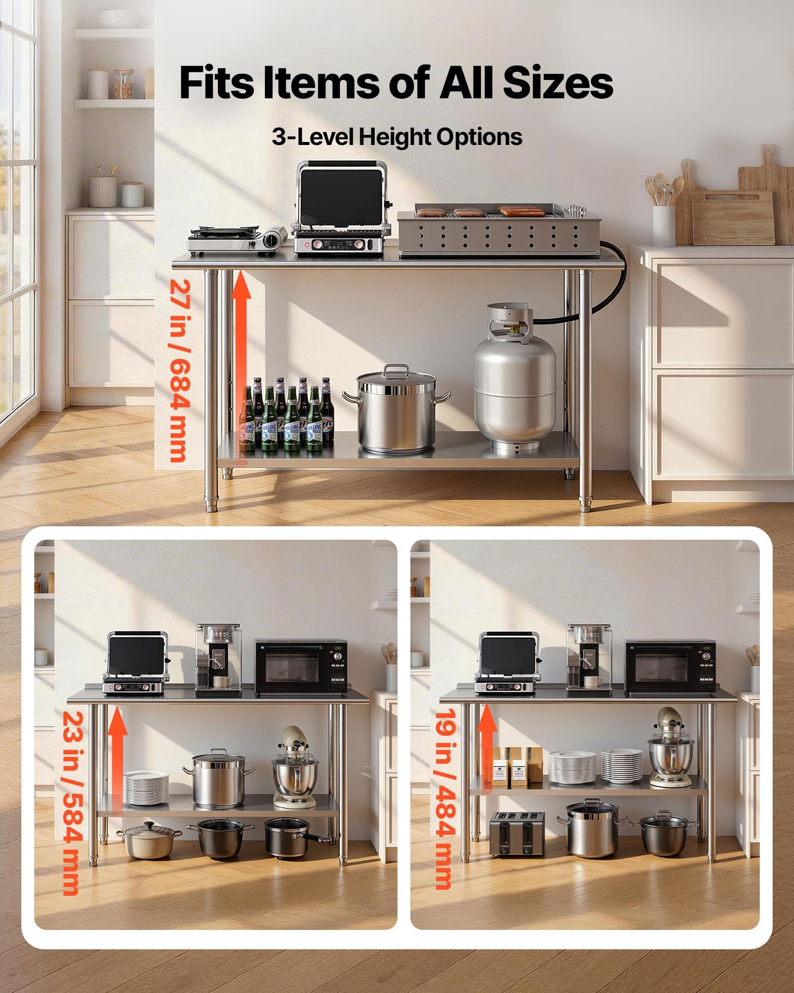 VEVOR Tavolo da Lavoro per Cucina in Acciaio Inox, Tavolo di Preparazione da Cucina 152,4 x 61 cm Isola Centrale per Catering Bar Hotel Ristorante Banchetti Banco da 2 Ripiani con Alzatina Senza Ruote