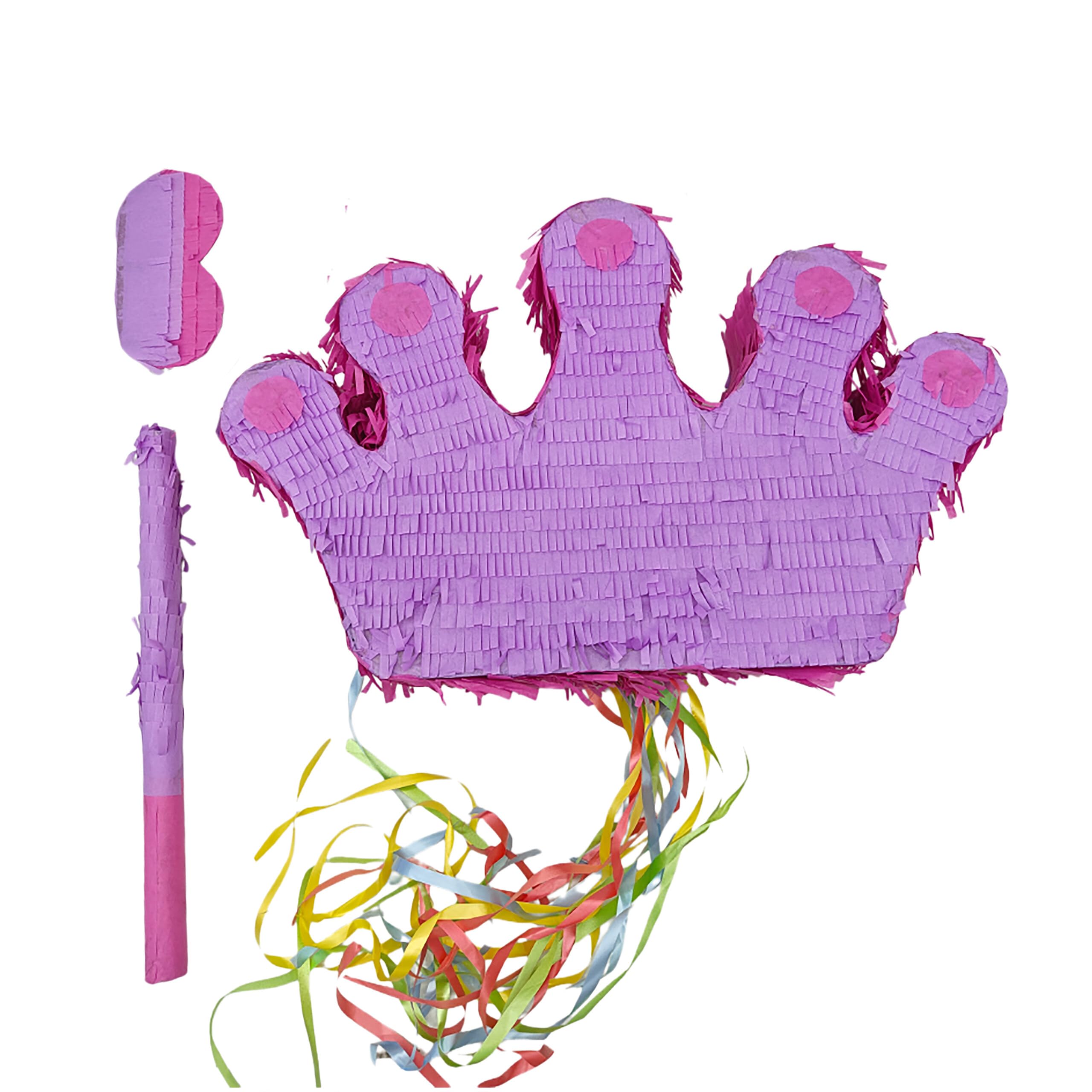Relaxdays Pignatta Corona con Bastone e Maschera, da Appendere, per Bambini, Compleanni, 31x49x10 cm, Viola-Rosa