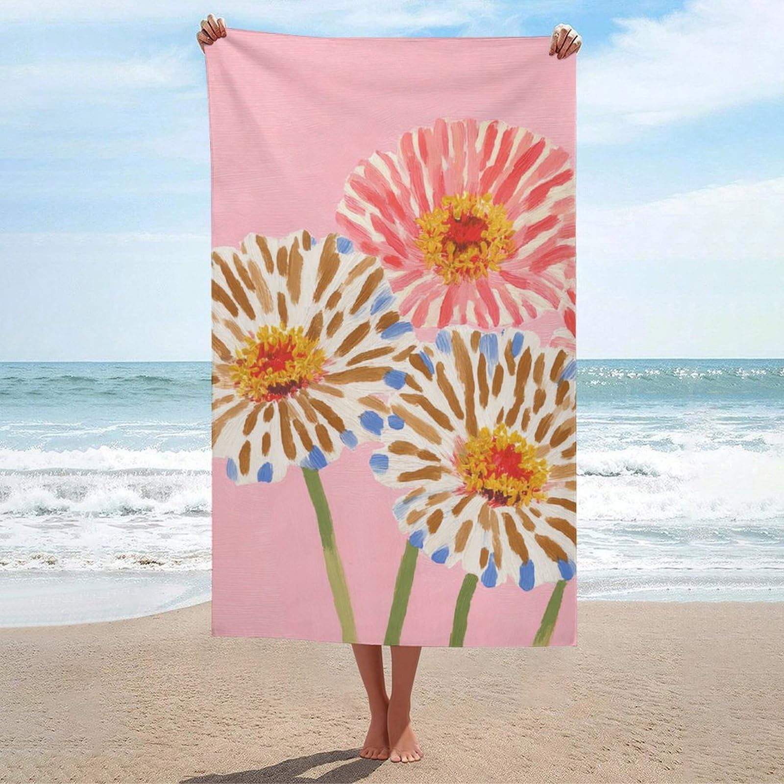 asbwuo Watercolor Flowers with Brown Beige Zebra Stripes Beach Towel