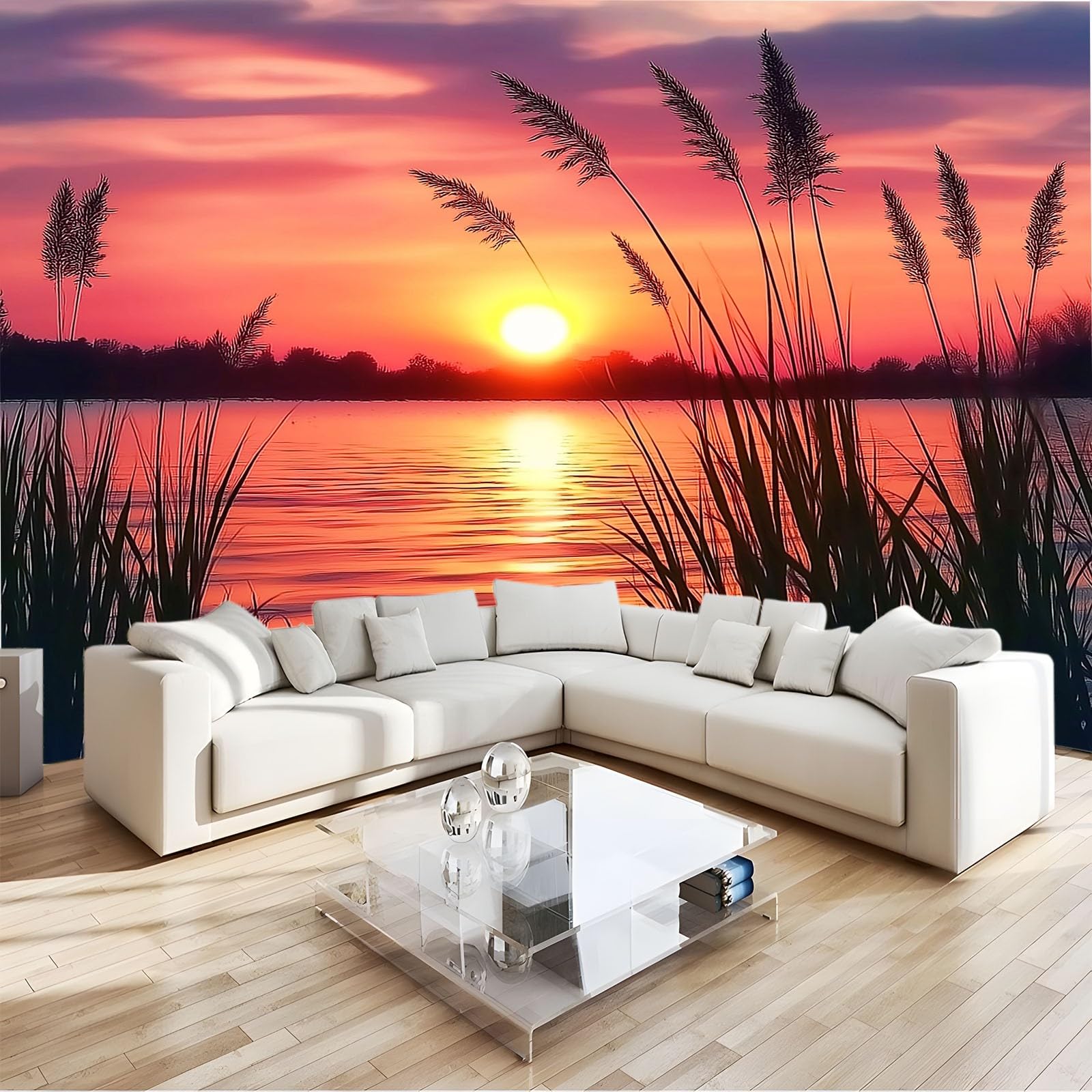 Générique Panoramiczna tapeta 3D 250 x 175 cm natura zachód słońca morze tapeta z włókniny, plakat ścienny do salonu, dekoracji pokoju dziecięcego, ścienny łatwy w montażu, kolor pomarańczowy