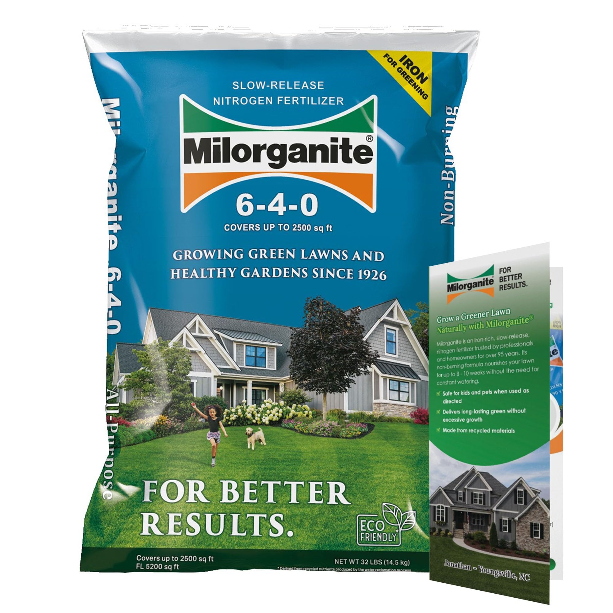Milorganite All-Purpose Eco-Friendly Slow-Release Nitrogen 6-4-0 Fertilizer, 32 lb Bag - for Lawns, Flowers, and Gardens - Includes Bonus Feeding & Spreader Tips Brochure