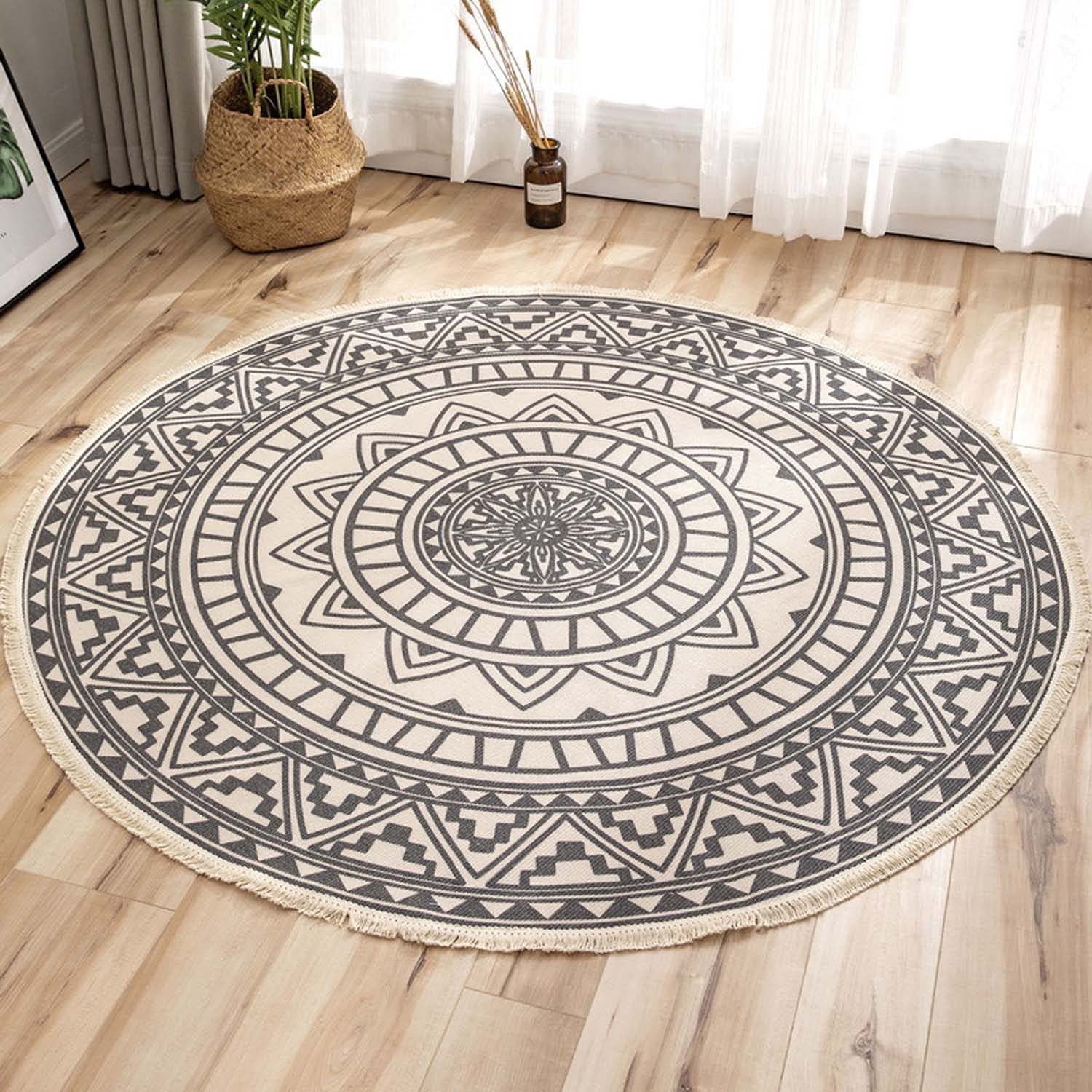 Dhao Mandala Indien Tapis Rond en Coton de Style Boho,Tapis Rond avec des Gland, Lavable en Machine Tapis Salon Chambre à Coucher Décor (150x150cm,#3)