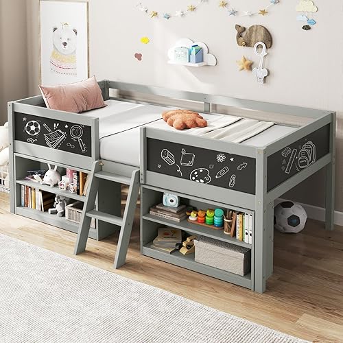 Giantex Low Loft Bed Twin Size, Wooden Loft Bed with Ladder & Blackboard, Twin Bed Frames for Kids with Storage 2 Bookcases and Play Space, Grey