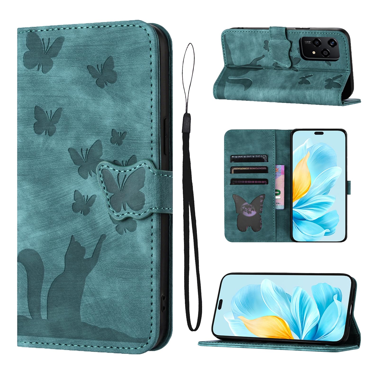 LSPCASA Phone Case For Honor 200 Lite 5G 2024 6.7 inch Premium PU Leather Material Honor 200 Lite Case With Card Slots Cat Butterfly Pattern Honor 200 Lite Phone Case