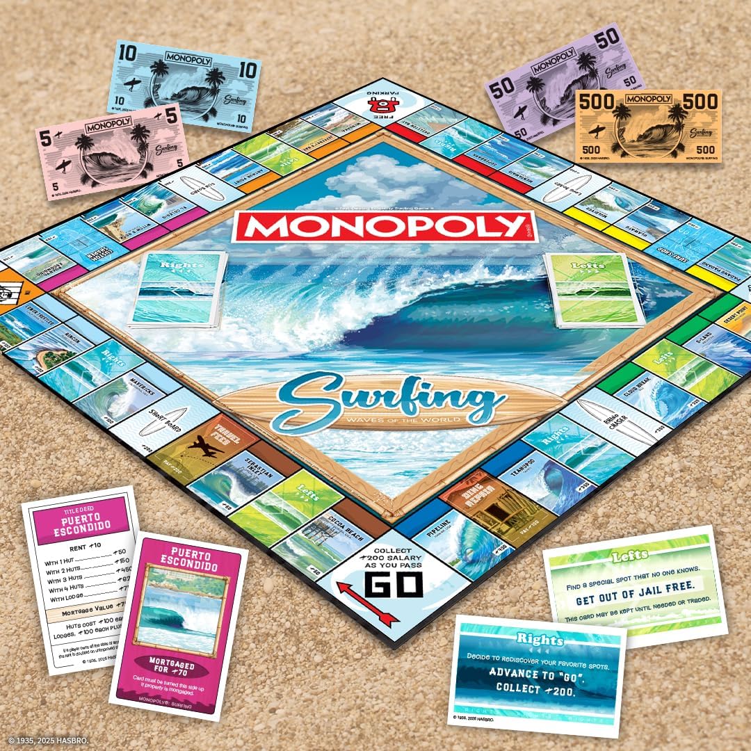 Monopoly: Surfing Waves of the World Board Game – Buy, Sell, Trade Iconic Surf Spots Like Pipeline & Superbank, 6 Custom Beach-Themed Tokens, Family Game for Beach Sports Fans & Collectors, Ages 8+