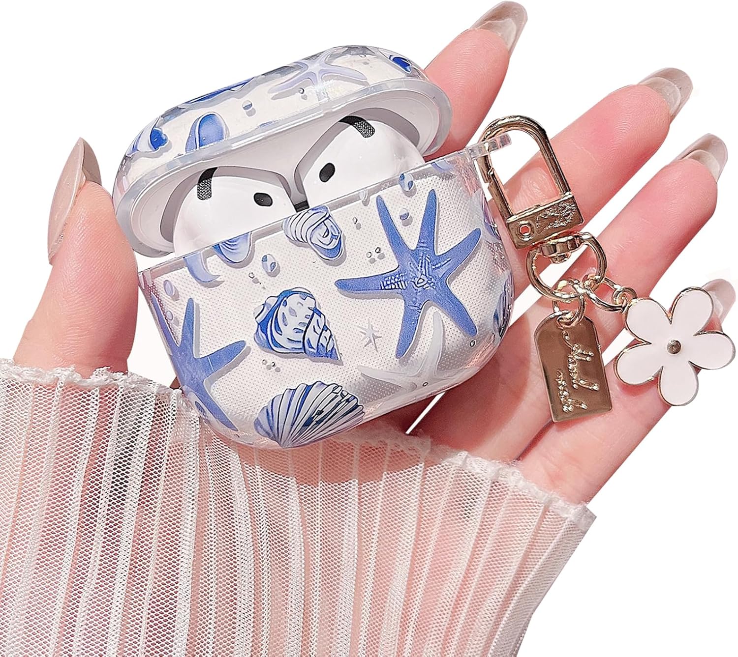 MINSCOSE Compatible with AirPods 4 Clear Case,Cute Beautiful Seashell and Starfish Pattern Design with Keychain, Soft TPU Protective Shockproof Cover for AirPods 4 for Women Girls-Blue