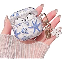 MINSCOSE Compatible with AirPods 4 Clear Case,Cute Beautiful Seashell and Starfish Pattern Design with Keychain, Soft TPU Protective Shockproof Cover for AirPods 4 for Women Girls-Blue
