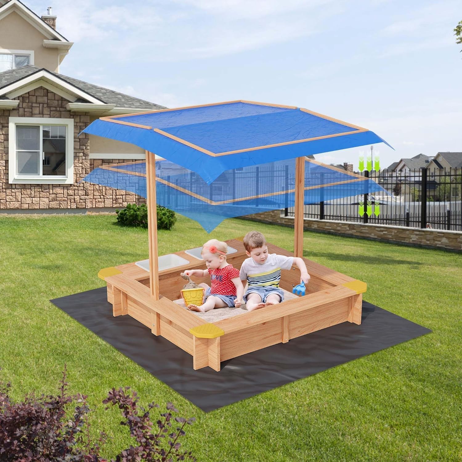 Sandbox with Lid, Kids Sandbox with 2 Plastic Boxes, Kids Outdoor Play Equipment, UV-Resistant & Adjustable Height Roof for Beach, Patio, Backyard