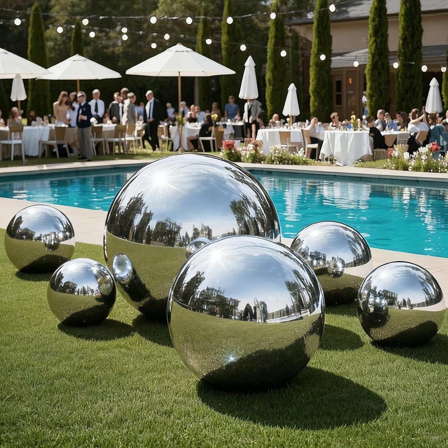 Inflatable Mirror Ball Set, 6-Piece Airtight Large Hanging & Standing Inflatable Disco Disco with 1200W Electric Pump for Party, Wedding, Pool, Events Silver