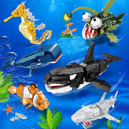 Miniatura 5 de KAZI Orca Toys Bloques de construcción, juegos de juguetes de construcción de criaturas marinas profundas, juguetes de animales del océano para