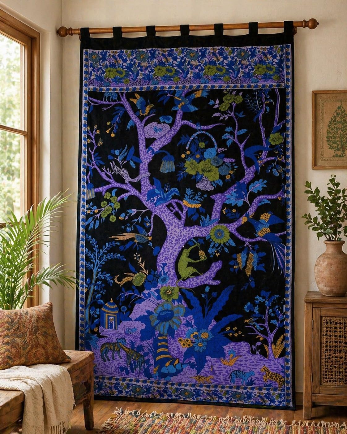 Tree of Life Tab Top Curtain-Drape-Door Panel 100% Cotton 44" x 88" Black/Purple