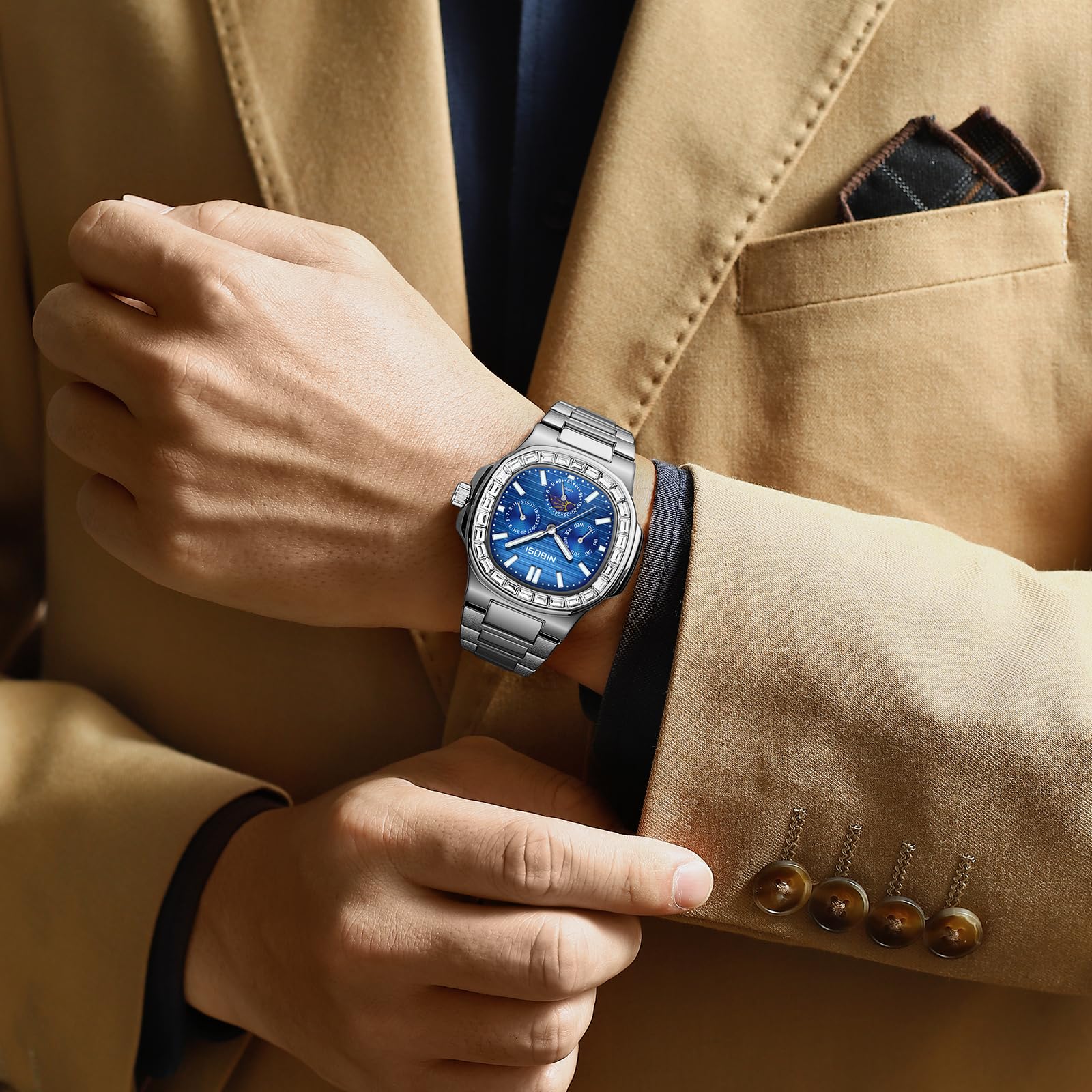 NIBOSI Orologio da polso da uomo analogico al quarzo multifunzione cronografo fase lunare impermeabile luminoso in acciaio inox