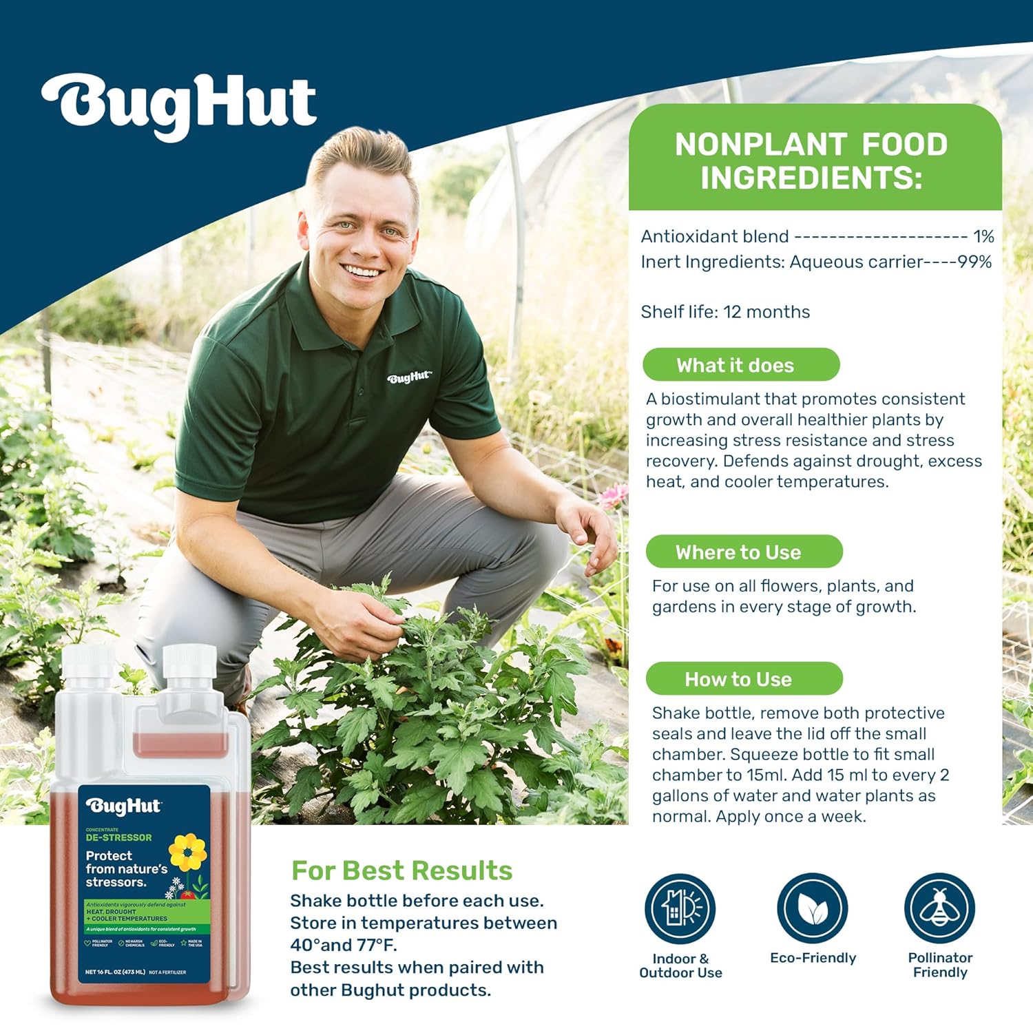 BugHut De-Stressor Plant Food - Natural Antioxidant for Healthy Growth and Protection - Liquid Antioxidant for Indoor and Outdoor Plants, Flowers, Vegetables - 16 fl oz, Makes 63 gallons