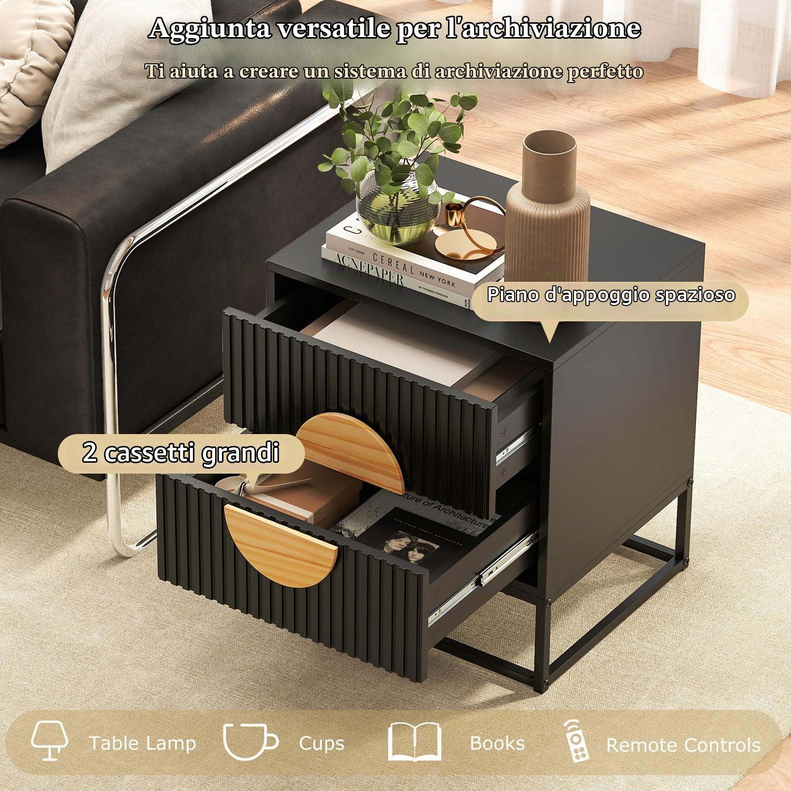 KOMFOTTEU Comodino con 2 Cassetti, Maniglie in Legno di Pino e Struttura in Metallo, Tavolino Lato Moderno per Camera da Letto, Soggiorno, 48 x 40 x 55 cm (L x P x A)