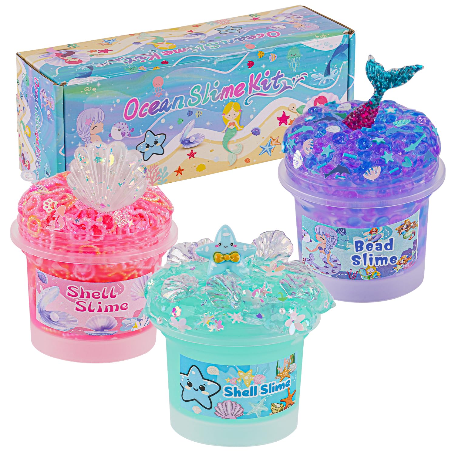3 x 100mL Ocean Slime Kit for Girls & Boys: Fishbowl Bead, Perl Rings & Clear Slime, Sensory Experience DIY Slimes Set, Slimes Party Favors for Kids Birthday Easter