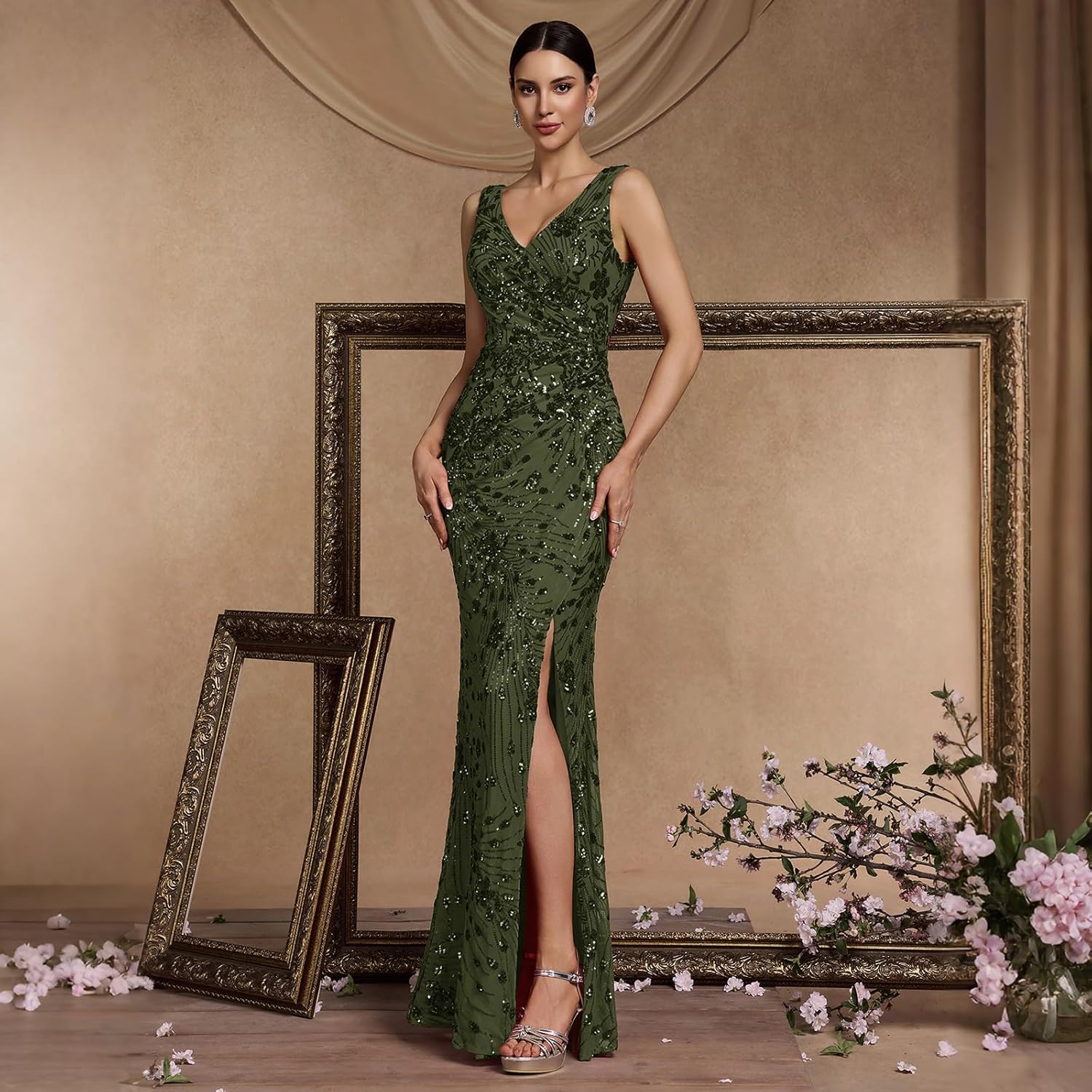 Elegant Long Sequin Formal Dress V-Neck Slit Design, Stretchy Fitted Glamorous