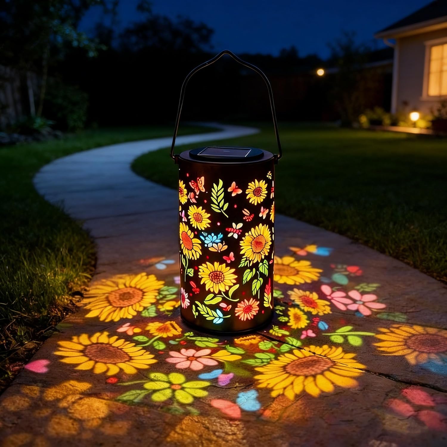 Colorful Sunflower Glow Solar Garden Lantern, Twinkle Halo Hanging Sunflower Solar Powered Lights Decorative Gifts Outdoor for Women Mom Grandma (A, Small)