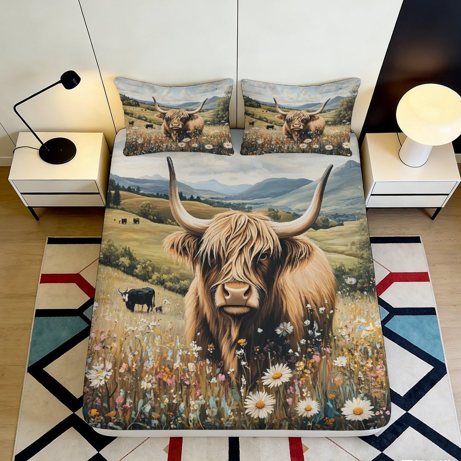 3D Printed Highland Cow Meadow Fitted Sheet Microfiber Soft Breathable Pasture Bed Cover for Bedroom Dorm Decor 90x200x25cm