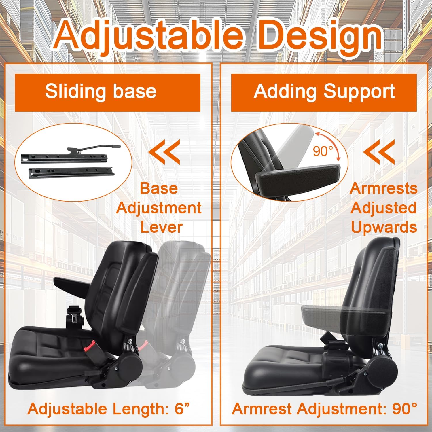 Universal Forklift Seat, Fold Down Tractor Seat with Armrest & Retractable Safety Belt, Adjustable Angle Back, Slide Rail, PVC Waterproof for Skid Steer, Excavator, Dozer, Mower, Backhoe, Telehandler