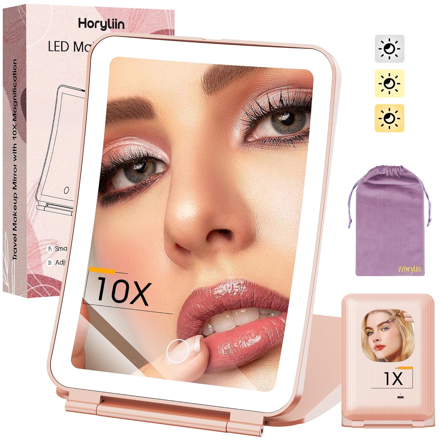 Travel Makeup Mirror with Lights and Magnification, 10X/1X Magnifying Vanity Mirror with 3 Colors & Brightness Adjustable, 2000 mAh Rechargeable Lighted Compact Mirror, Women Gift(Pink)