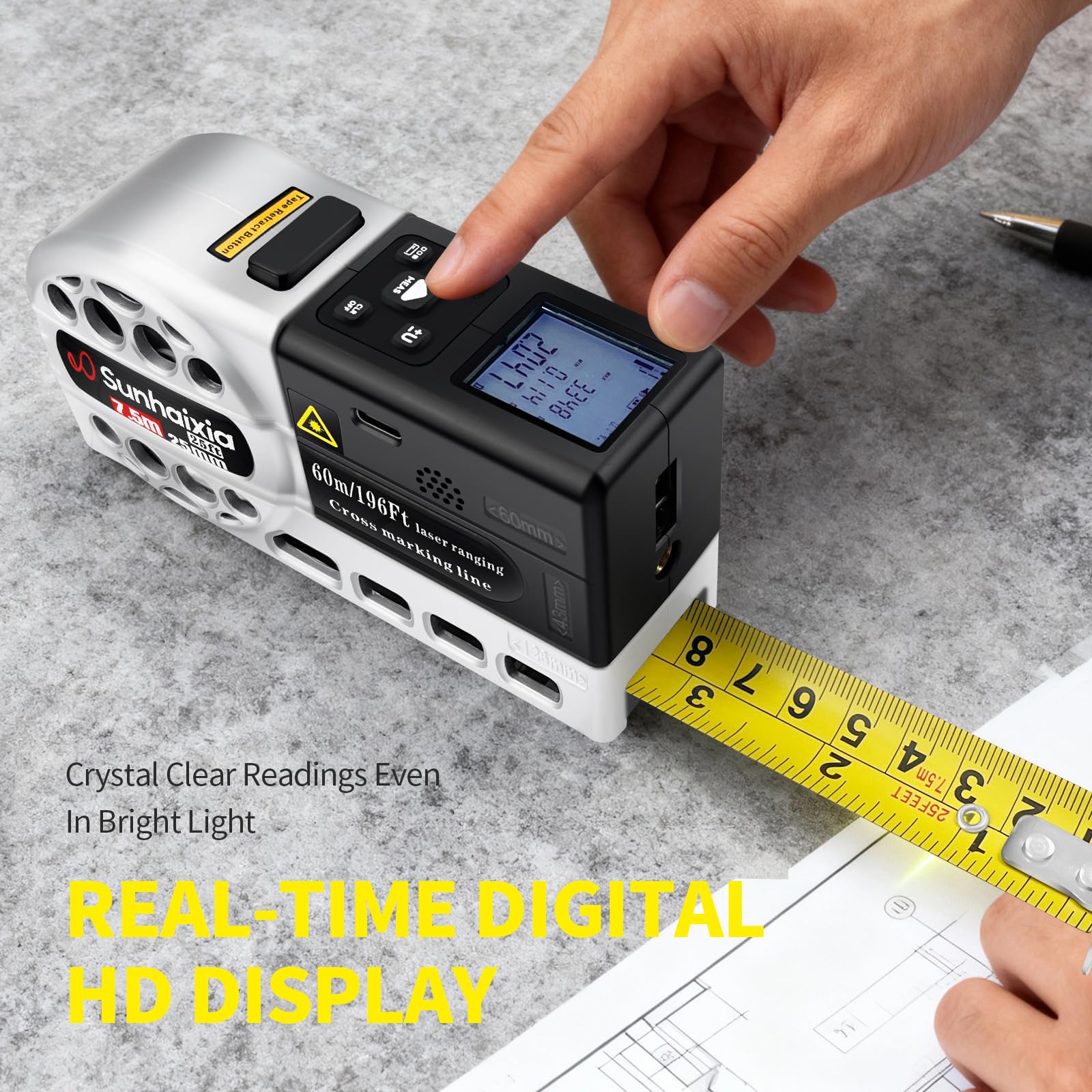 Cinta métrica láser digital 2 en 1 | Medidor de distancia láser de 40 m en pantalla LCD retroiluminada con cinta métrica AutoLock de 16 pies | Pies/pulgada/Fracciones/M/mm