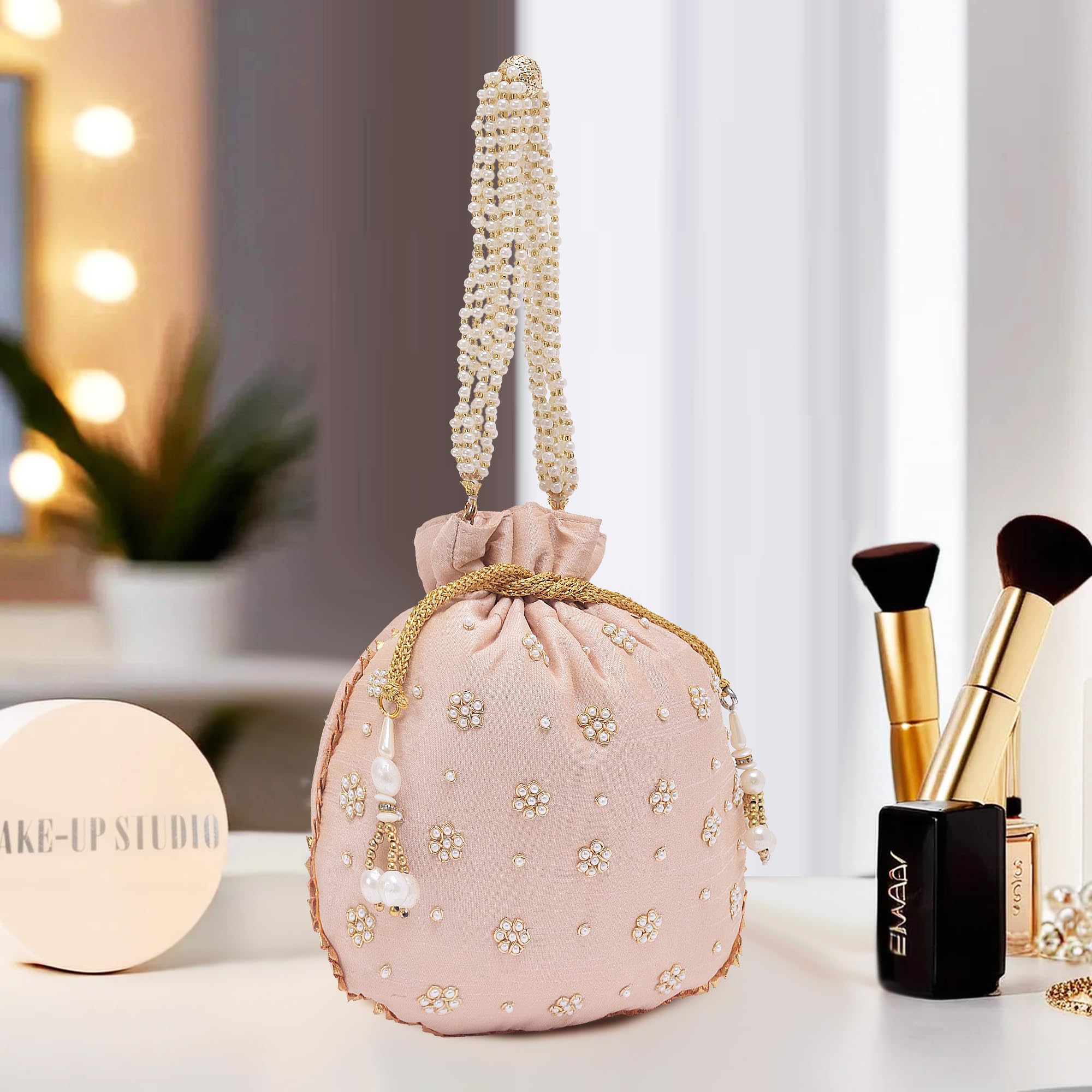 Kuber Industries Potli Bags for Ladies & Girls | Women Shagun Pouches for Festive Seasons | Batwa Bag Bridal Purse With Moti Design - Peach-image-32