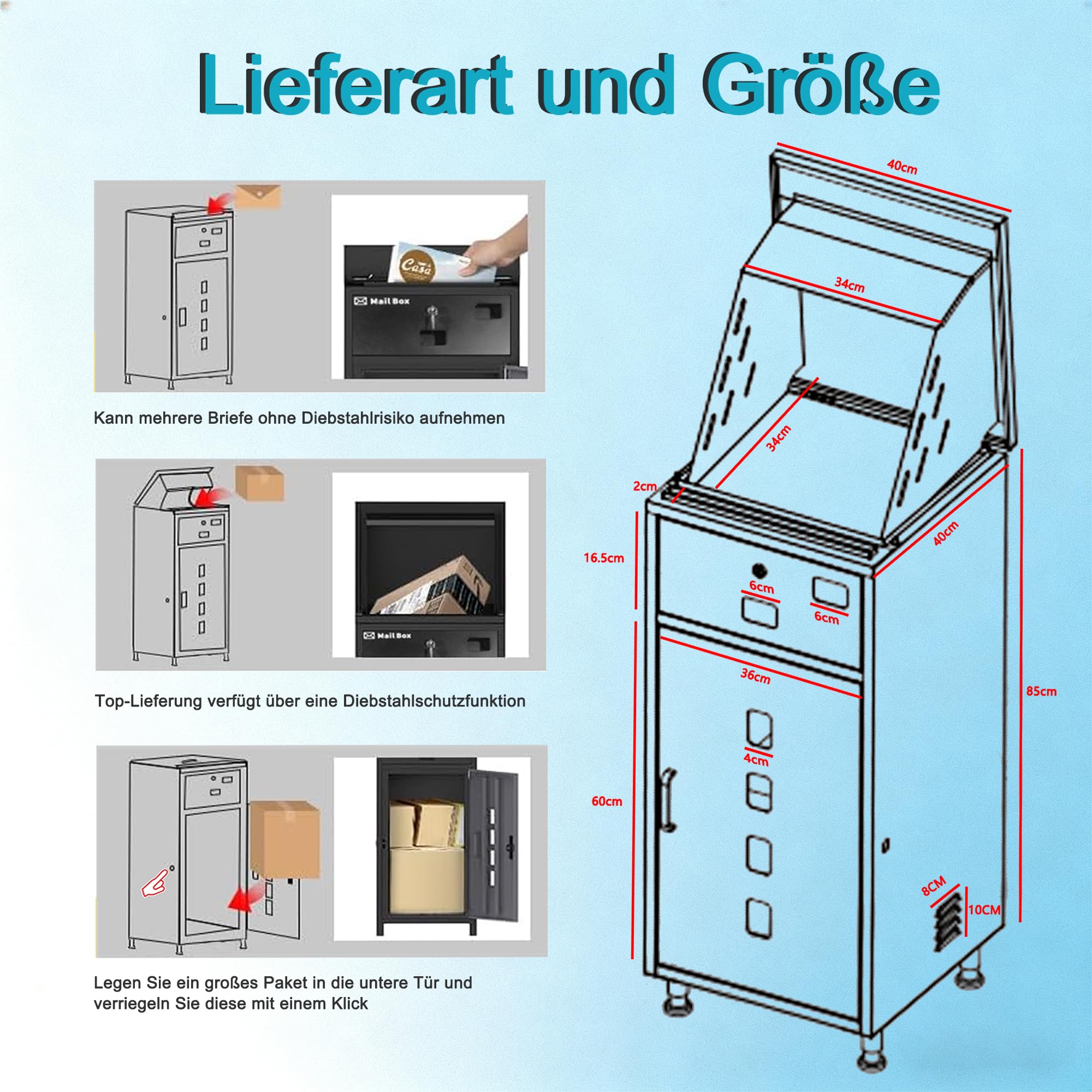 paketbriefkasten XXL undbriefkasten groß,Pulverbeschichtet，Wasserdicht, rostfrei und diebstahlsicher briefkasten paketbox Bodenstehender Parcel Box, einfach zu montieren.-Kohlenschwarz