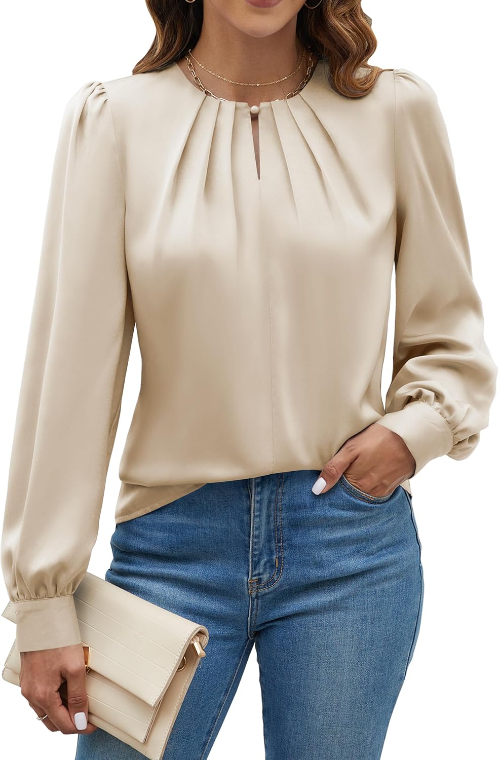 Blooming Jelly Womens Dressy Casual Blouses Satin Long Sleeve Shirts Pleated Business Tops Trendy Fall Outfits