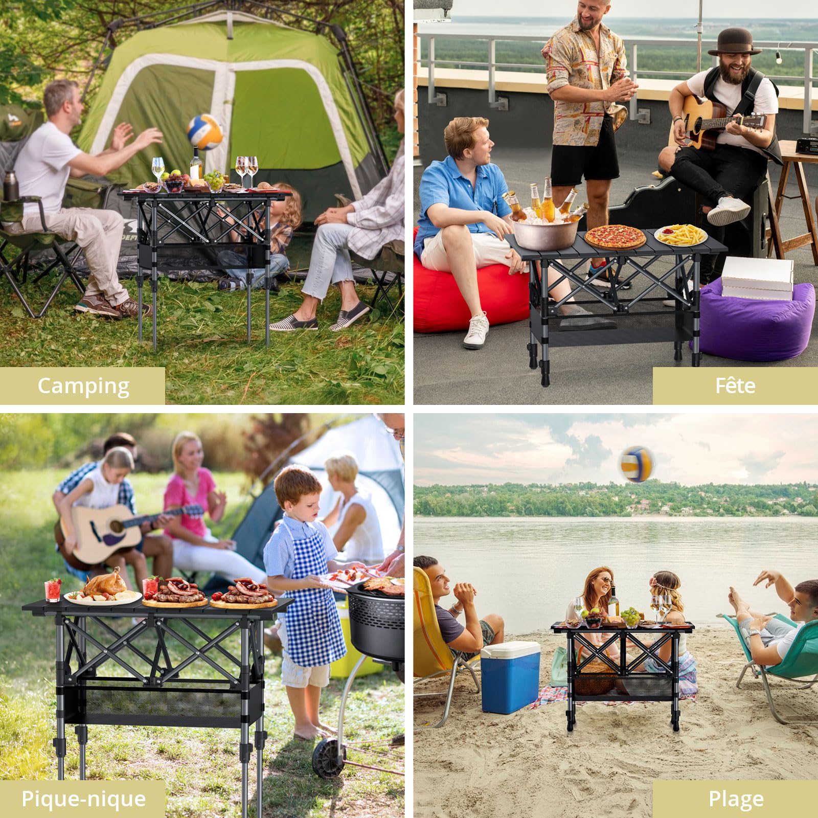 Anbte Table de Camping 64 cm Pliable, 2 Hauteurs Réglables, Aluminium avec Panier de Rangement et Sac, Étanche, Légère 64 x 40 cm, pour Barbecue, Pique-Nique, Voyage Extérieur, Noire