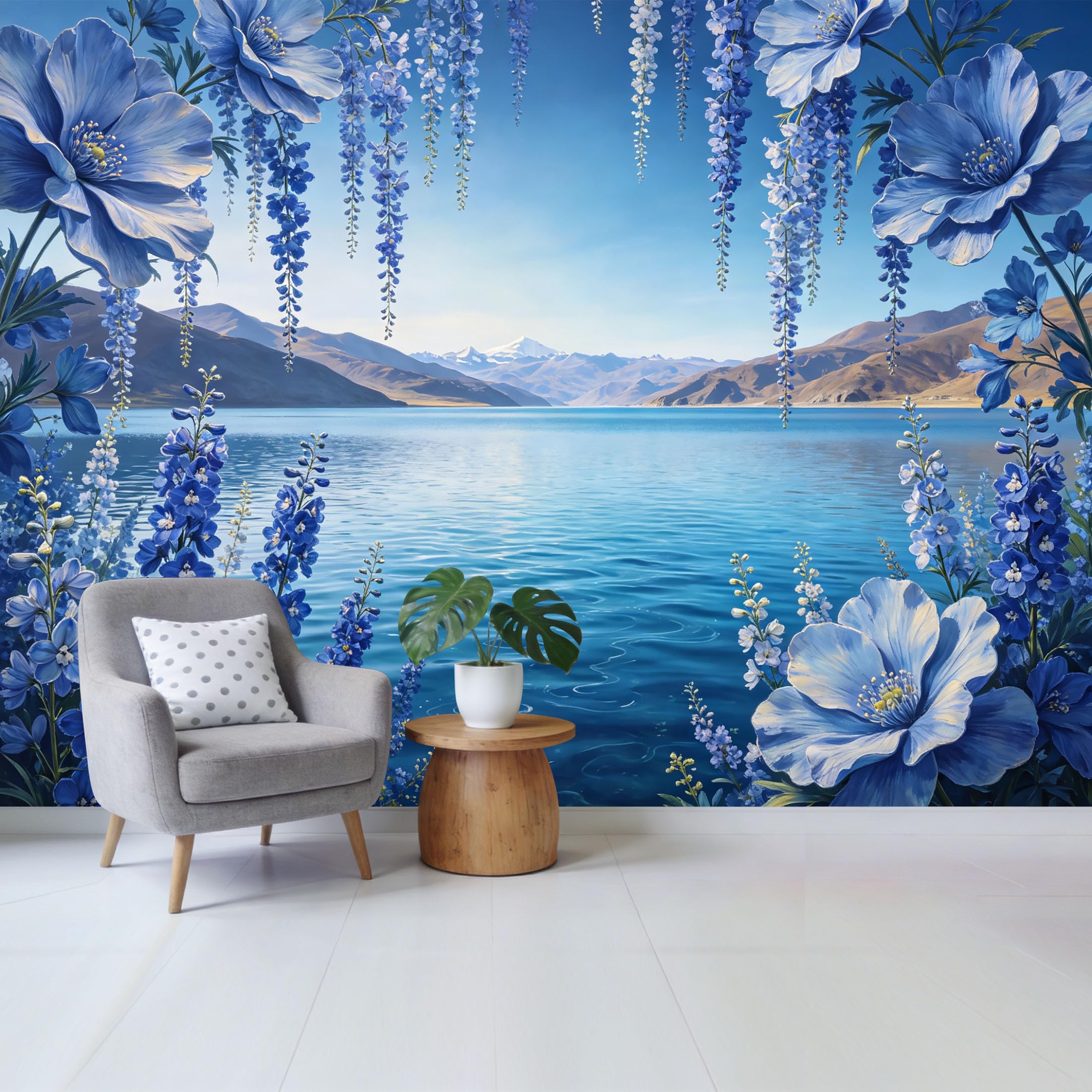 Qzlithotic Yq2605250505 Custom Size Wall Mural Blue Wisteria Floral Mountain Lake Landscape Oil Painting Style Selfadhesive Wall Fabric Removable Wallpaper For Home Office Decor