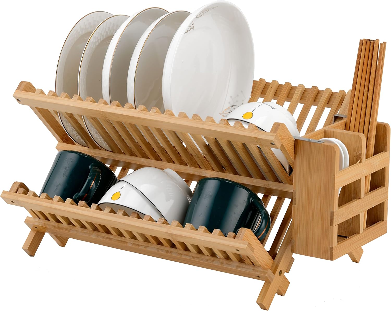 Dish Rack, Bamboo Folding 2Tier Collapsible Drainer Dish Drying Rack