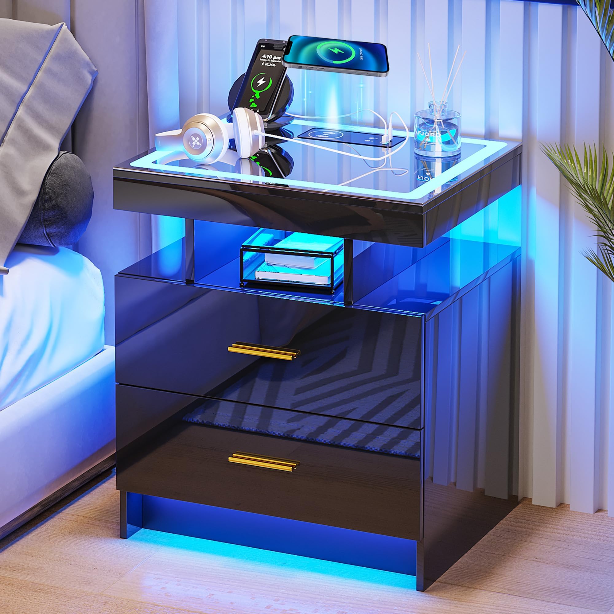 HNEBC LED Nightstand with Charging Station (USB,Type-C Ports) High Gloss Bedside Table with 2 Drawers, Smart Night Stand with Auto Sensor Lights,Modern Bed Side Table for Bedroom (Black)