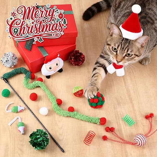Miniatura 6 de Paquete de 28 juguetes de Navidad para gatos, poste rascador interactivo para gatos, juguete de bola de primavera, sombrero de Papá Noel, bufanda,