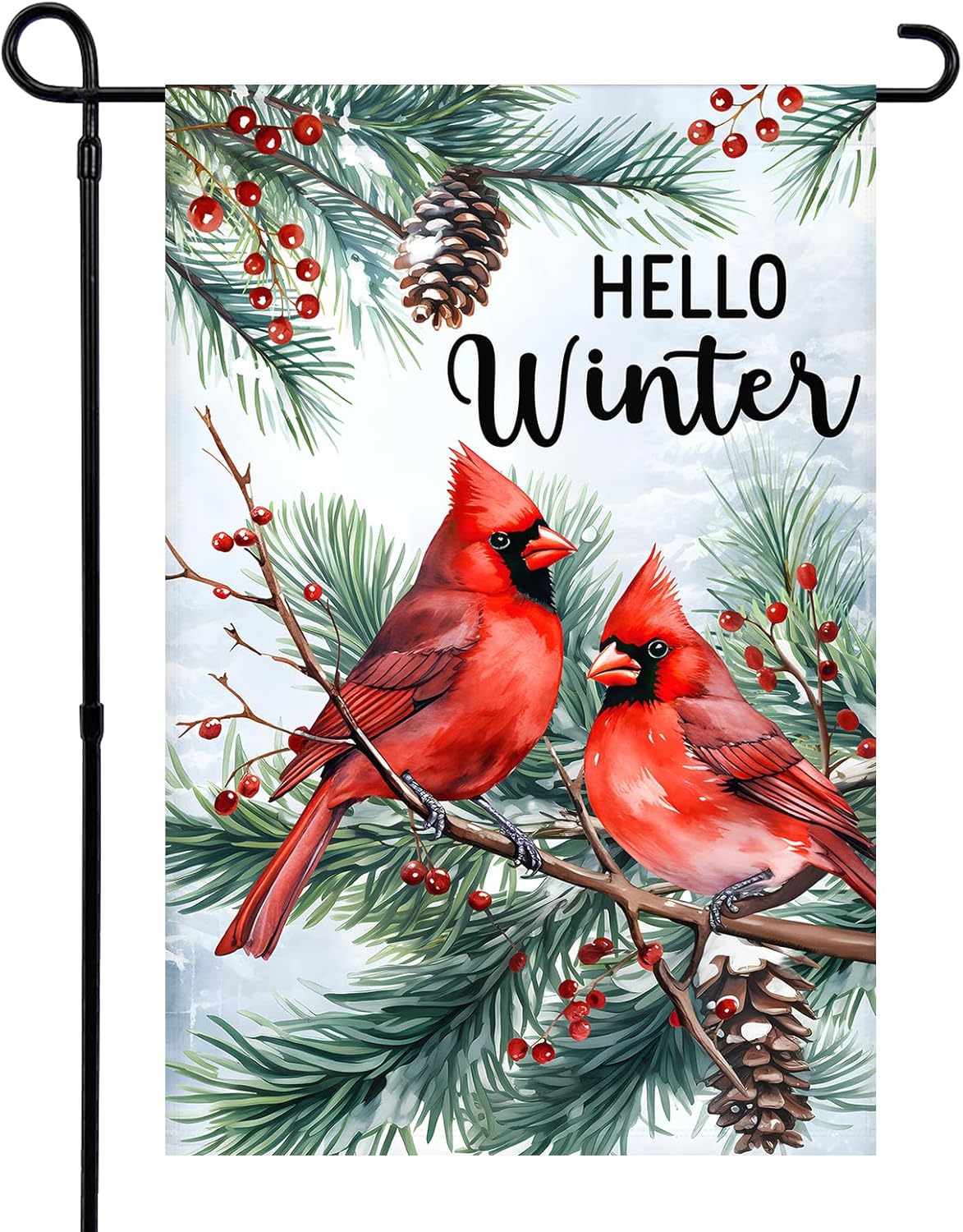 Hello Winter Garden Flag Red Bird Pinecone Tree Branch Seasonal Porch Courtyard Farmhouse Lawn Holiday Winter Flag 12x18 Inches Double Sided Indoor and Outdoor Decoration No Flagstand