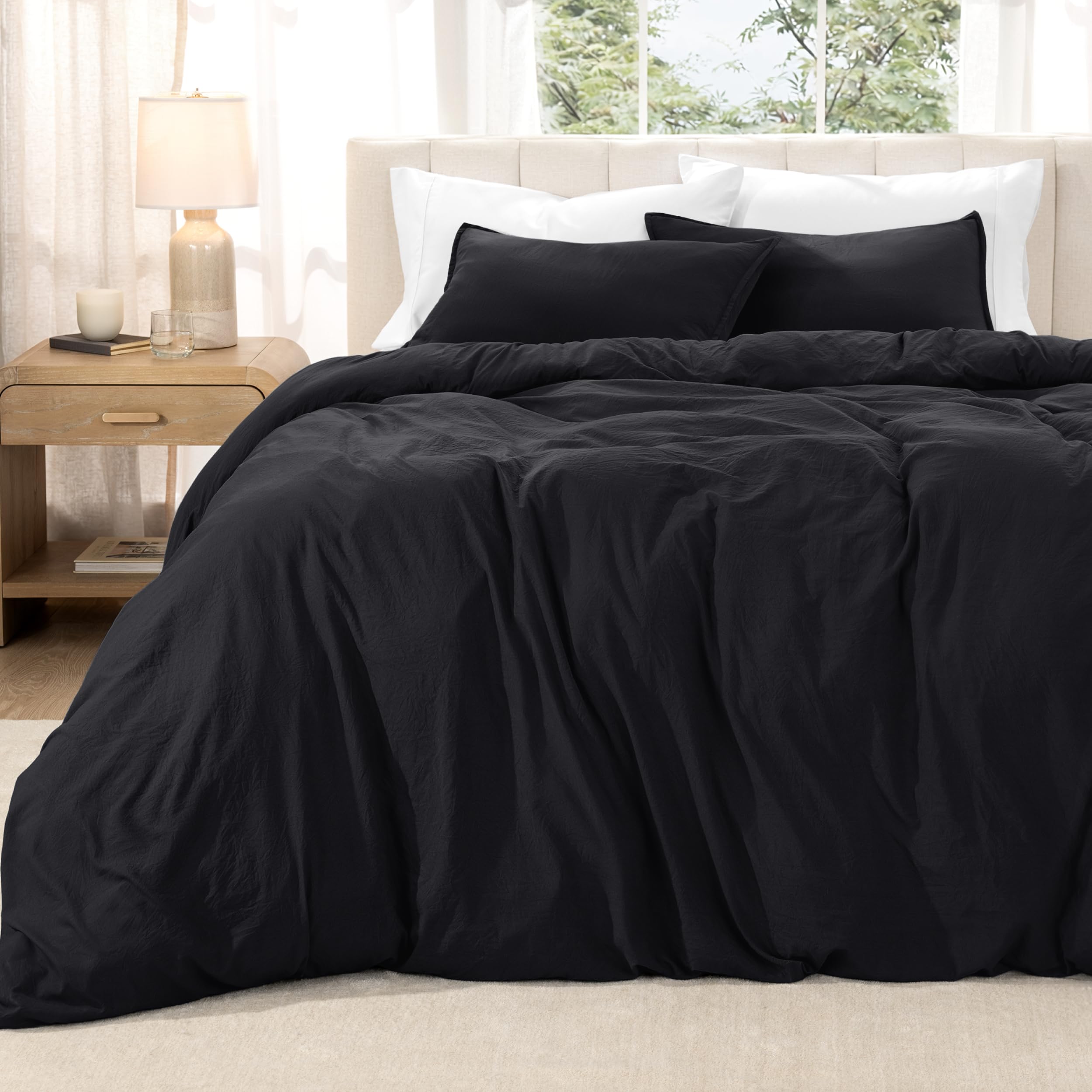 Bare Home Ultra Soft Washed Microfiber Twin Duvet Cover with Zipper and Securing Ties, 1 Std. Pillow Sham, Linen-Like Look, Easy Care, Hypoallergenic (Twin XL, Black) — image 1