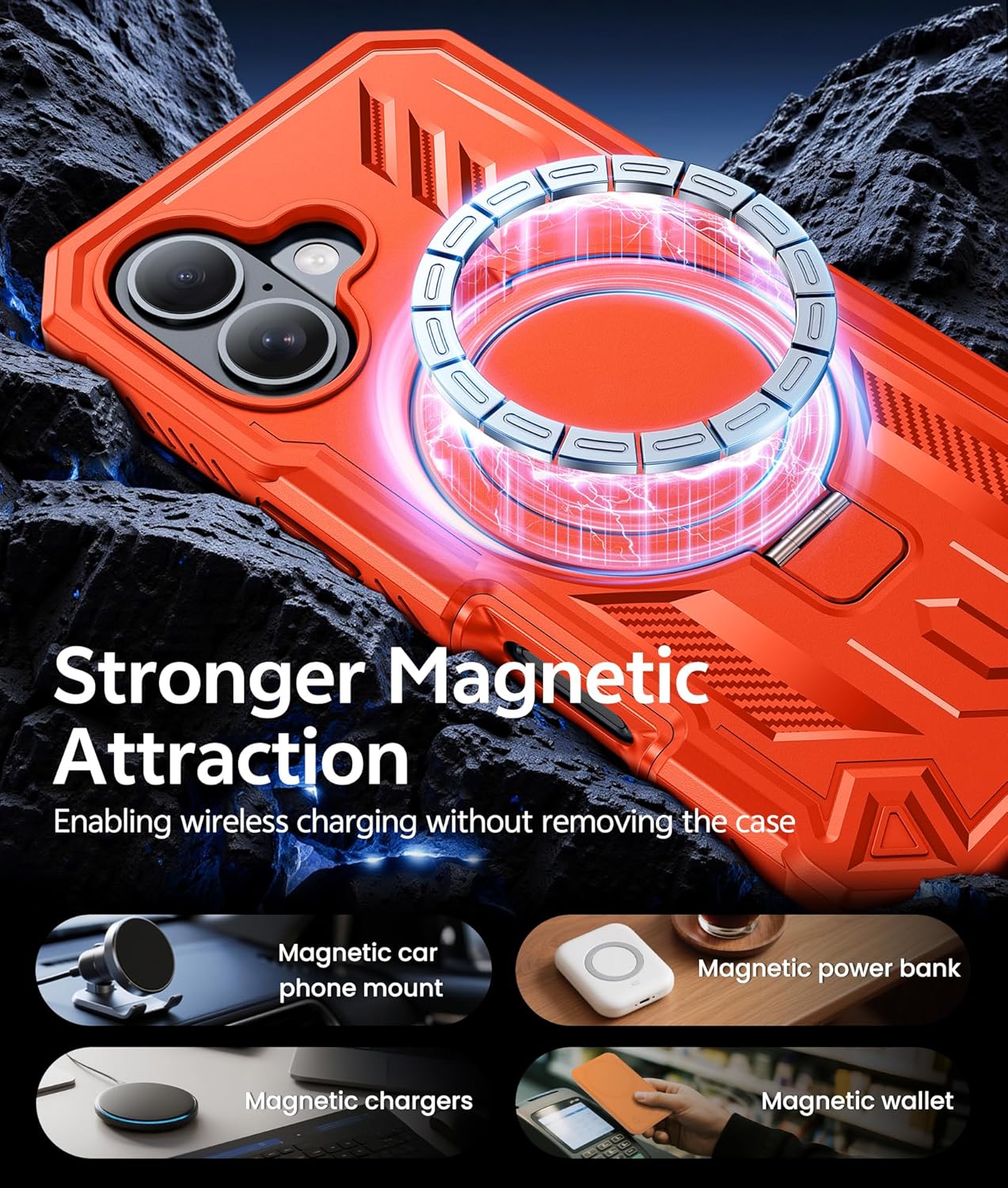 FNTCASE for iPhone 16 Phone Case: Magnetic Phone Cases with [Ring Kickstand] [Built-in Screen Protector] [Heavy Duty Military Grade Protection] Shockproof Rugged Protective Cell Phone Cover Orange - Image 5