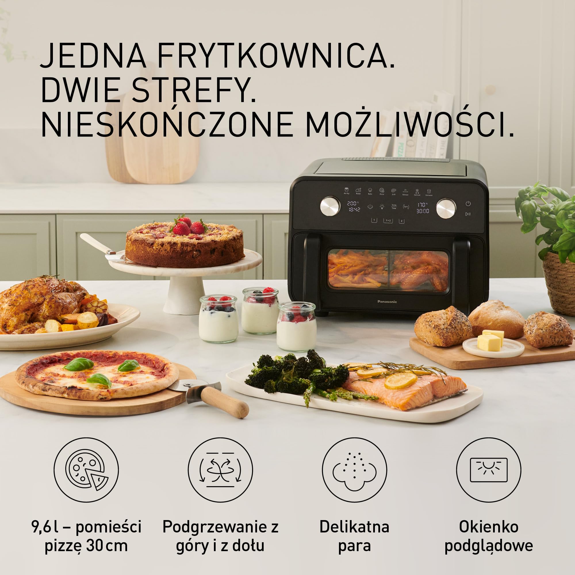 Panasonic NF-BC1000KXE Frytkownica beztłuszczowa Air Fryer Flex z okienkiem, 30°-230°C, 9,6 L, podwójny kosz, delikatna para, 8 programów, łatwe czyszczenie, czarna