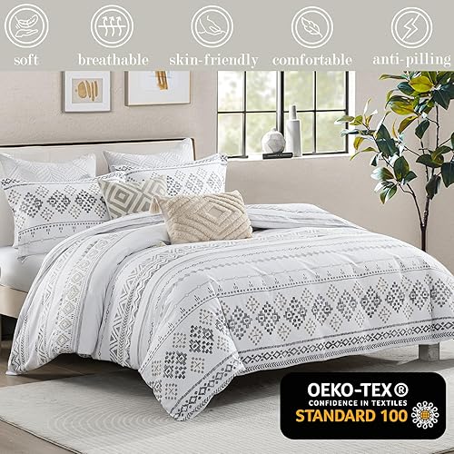 Miniatura 2 de Quilta Juego de funda de edredón de algodón tamaño Queen, juego de funda de edredón blanco bohemio para todas las estaciones, juego de edredón de 3