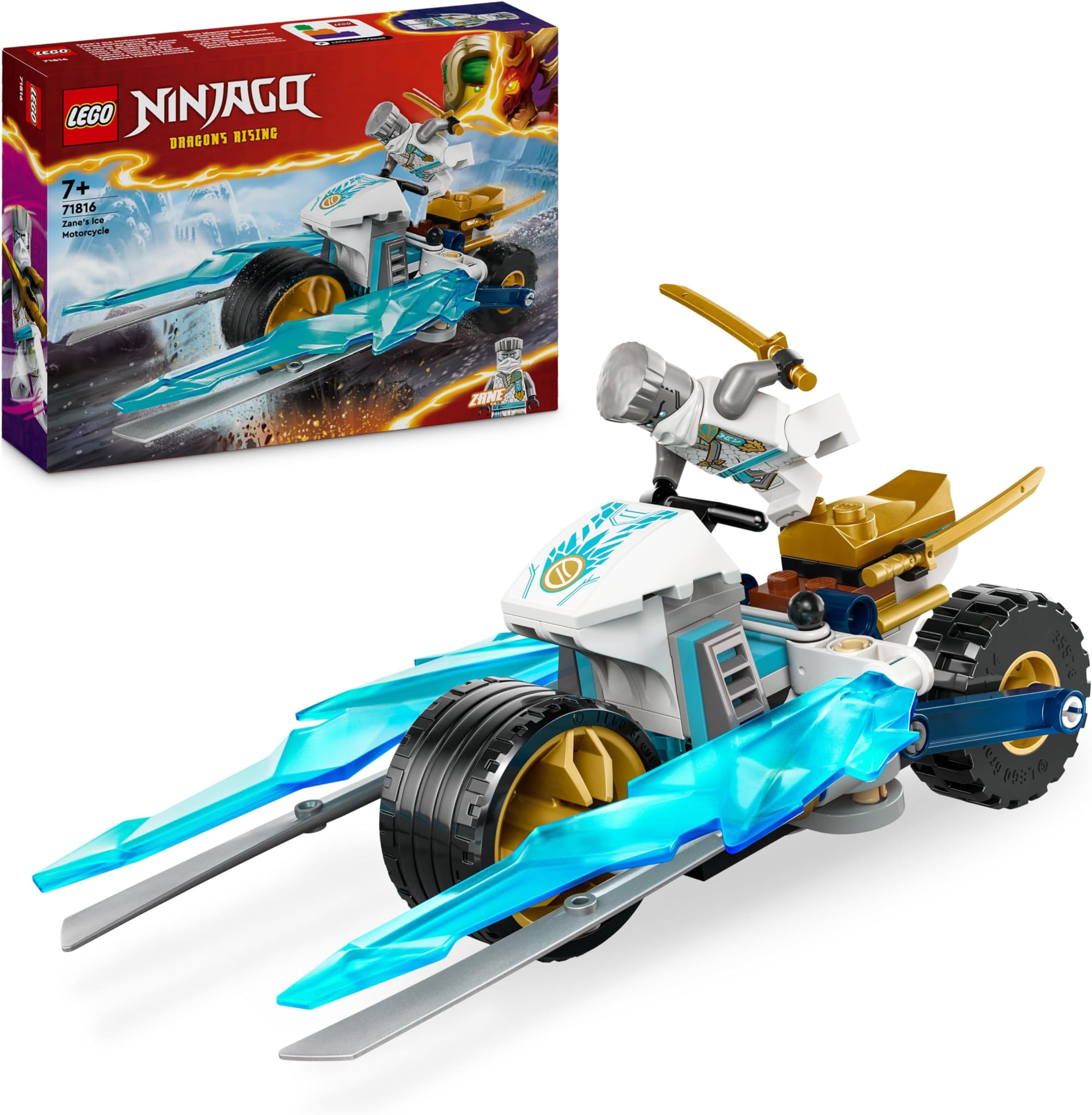 NINJAGO Zane’s Ice Motorcycle Toy for 7 Plus Year Old Boys & Girls, Dragons Rising Motorbike Set with a Zane Character Minifigure, Ninja Adventure Playset, Small Vehicle Gift for Kids 71816
