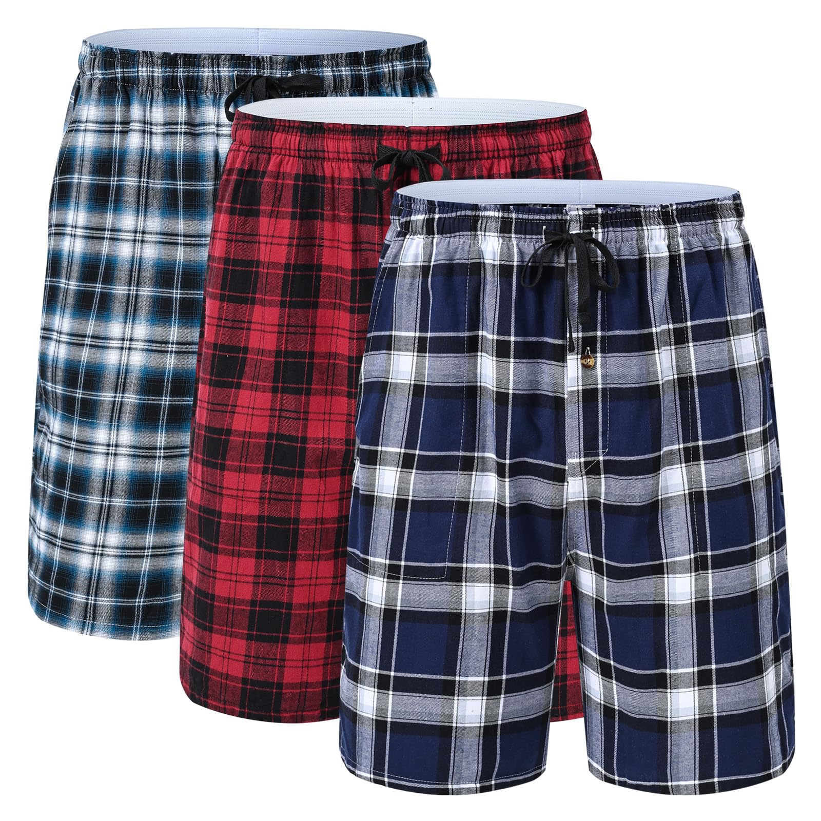 Huayuzh Schlafanzughose Herren Kurz Pyjama Baumwolle 3er Pack Kariert Schlafhose Weich Atmungsaktiv Taschen Knopfleiste