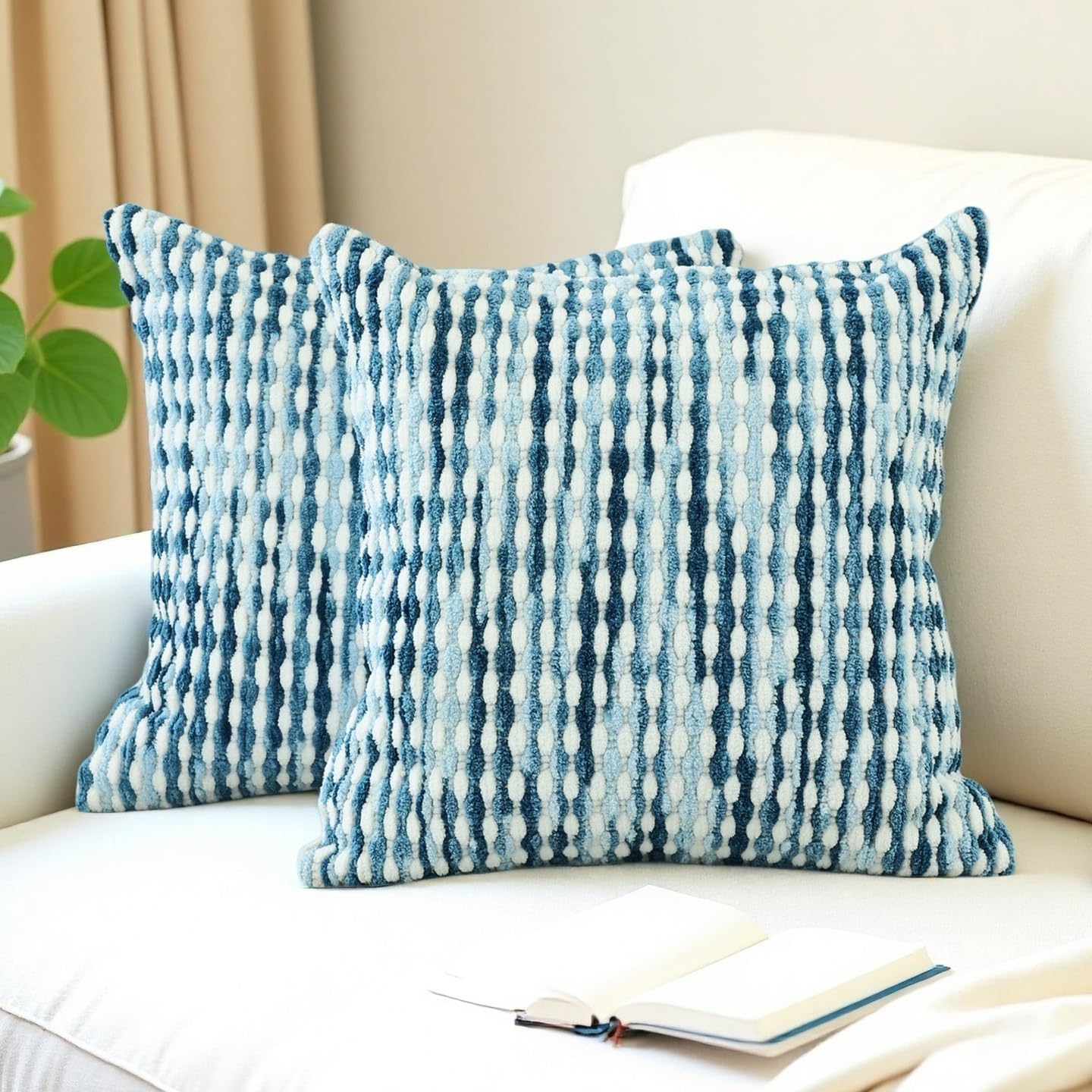 Cythasily Boho Chenille Striped Pillow Cover 18x18 Inch, Decorative Pillow Cover for Couch Bed Sofa Living Room Bedroom Farmhouse Modern Home Decor