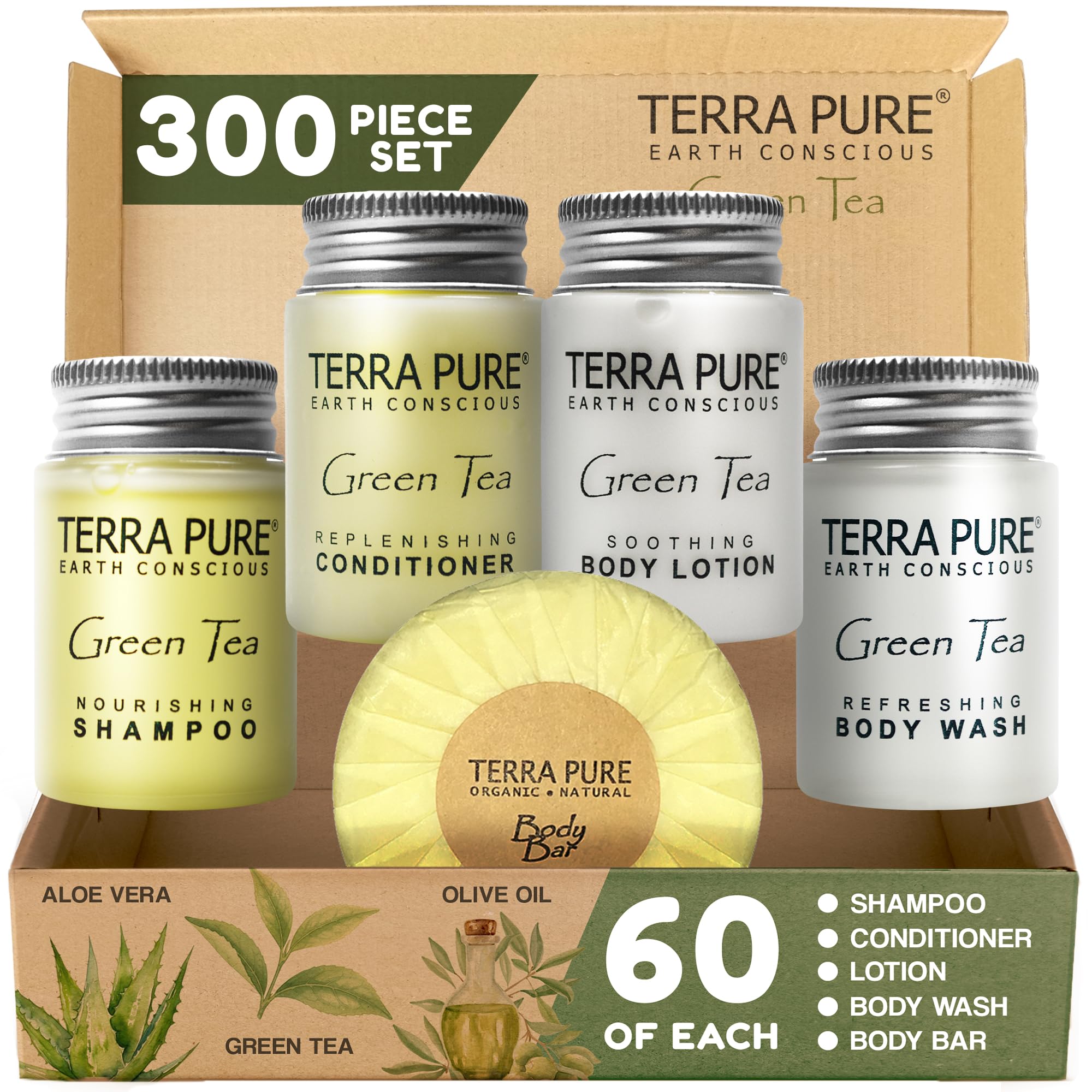 Terra Pure Hotel Soaps & Toiletries Bulk Set | 1-Shoppe Amenities Kit | 1oz Shampoo & Conditioner, Body Wash, Lotion, 1.25oz Bar Soap | Travel Size | 300 Pieces