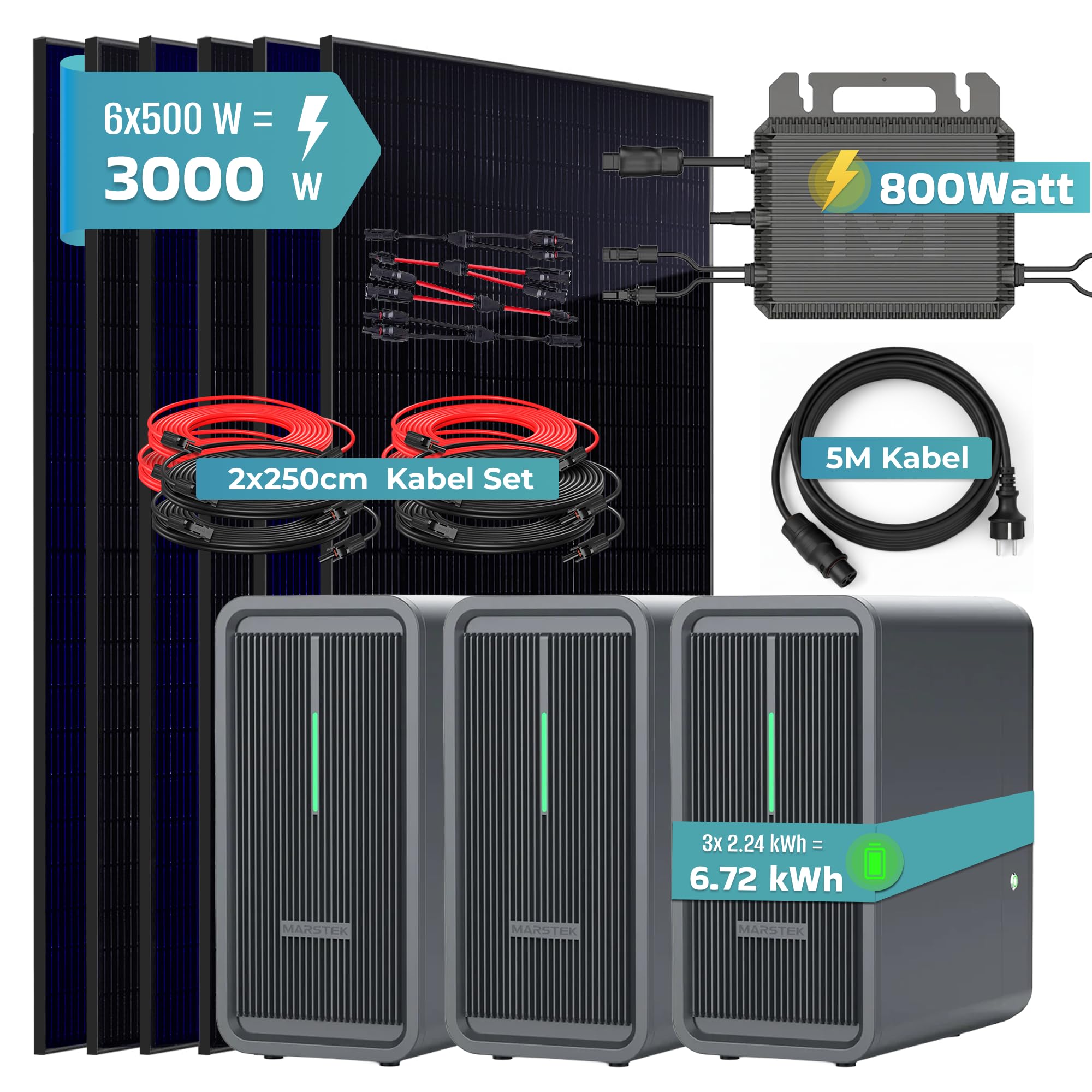 SUNNIVA® 3000W Balkonkraftwerk mit 6,72 kWh Speicher MARSTEK 3x B2500-D, BIFAZIAL FULLBLACK komplett Steckdose, PV Solaranlage Komplettset mit Solarspeicher, 6x 500W N-Type Glas Bifacial Module