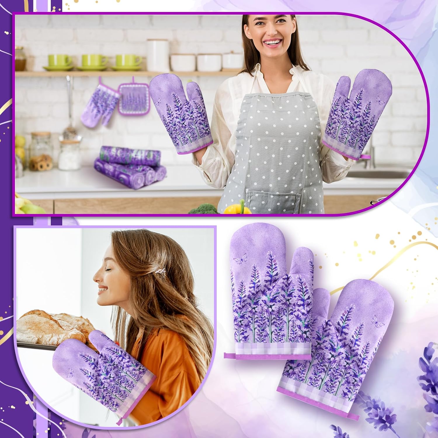 VitalCozy 10 Pcs Lavender Kitchen Decor Lavender Kitchen Towels and Rugs Oven Mitts and Pot Holders Set Hand Towels Purple Decorative for Baking Cooking BBQ