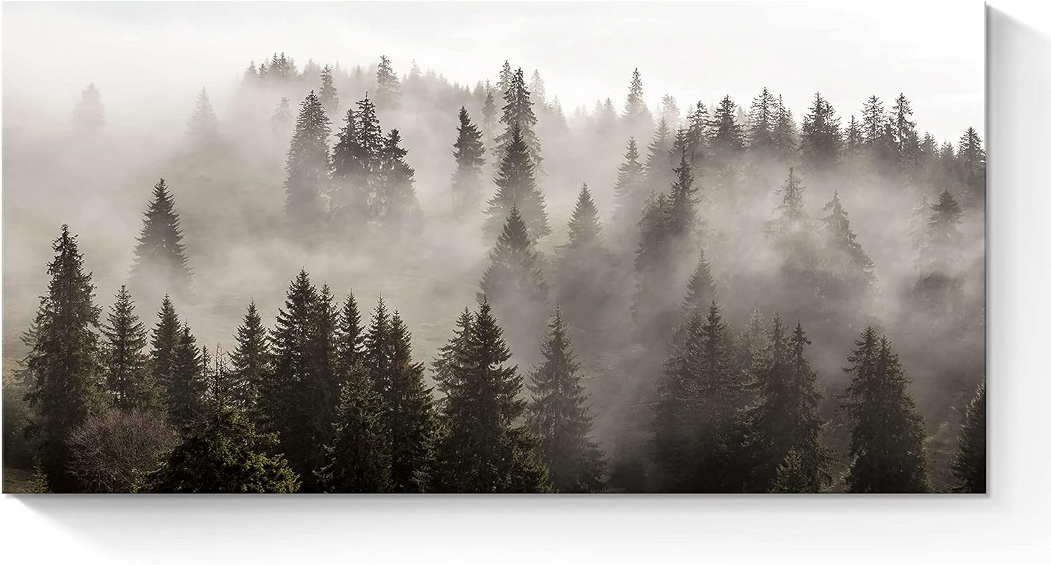 Forest Picture Canvas Wall Art: Foggy Mountain Landscape Misty Pine Trees Artwork Large Dark Nature Painting Photography Print for Modern Living Room Bedroom Bathroom