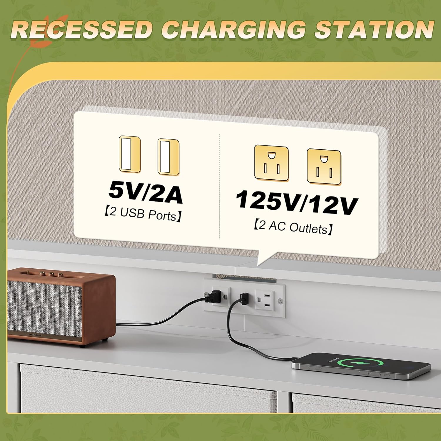 White TV Stand for 45, 50, 55 inch TV, TV Media Console Table with LED Lights & Charging Station, Entertainment Center with 9 Fabric Drawers and Open Shelves for Living Room, Hallway - Image 4