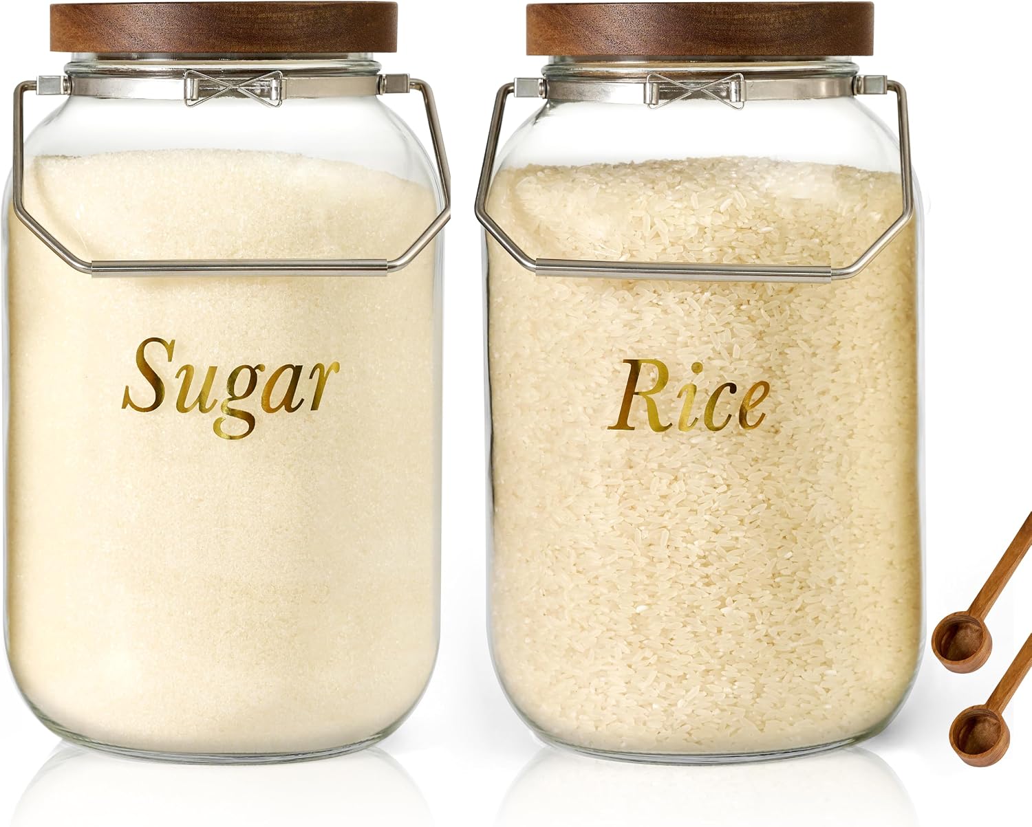 Glass Flour Sugar Storage Jars with Handles, 135 fl OZ Glass Containers with Spoons, 1 Gallon Large Jars for Coffee, Rice, Pasta, Cereal Storage