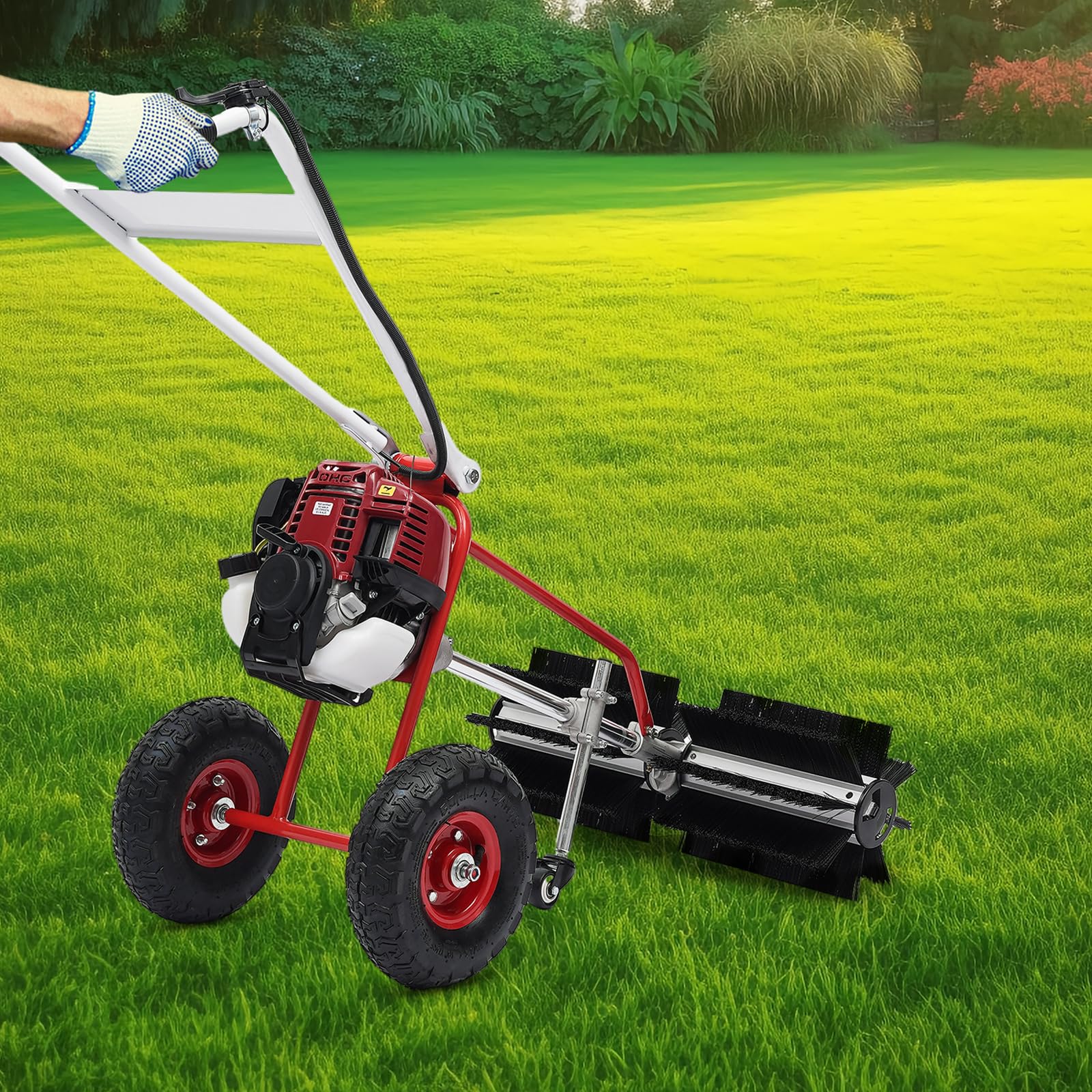 2.3HP 4 Stroke Handheld Sweeper 37.7CC Gas Power Hand Push Industrial Sweeper with Air Cooling System Portable Outdoor Snow Sweeper Lawn Farm Sidewalk Cleaner Sweeping Broom