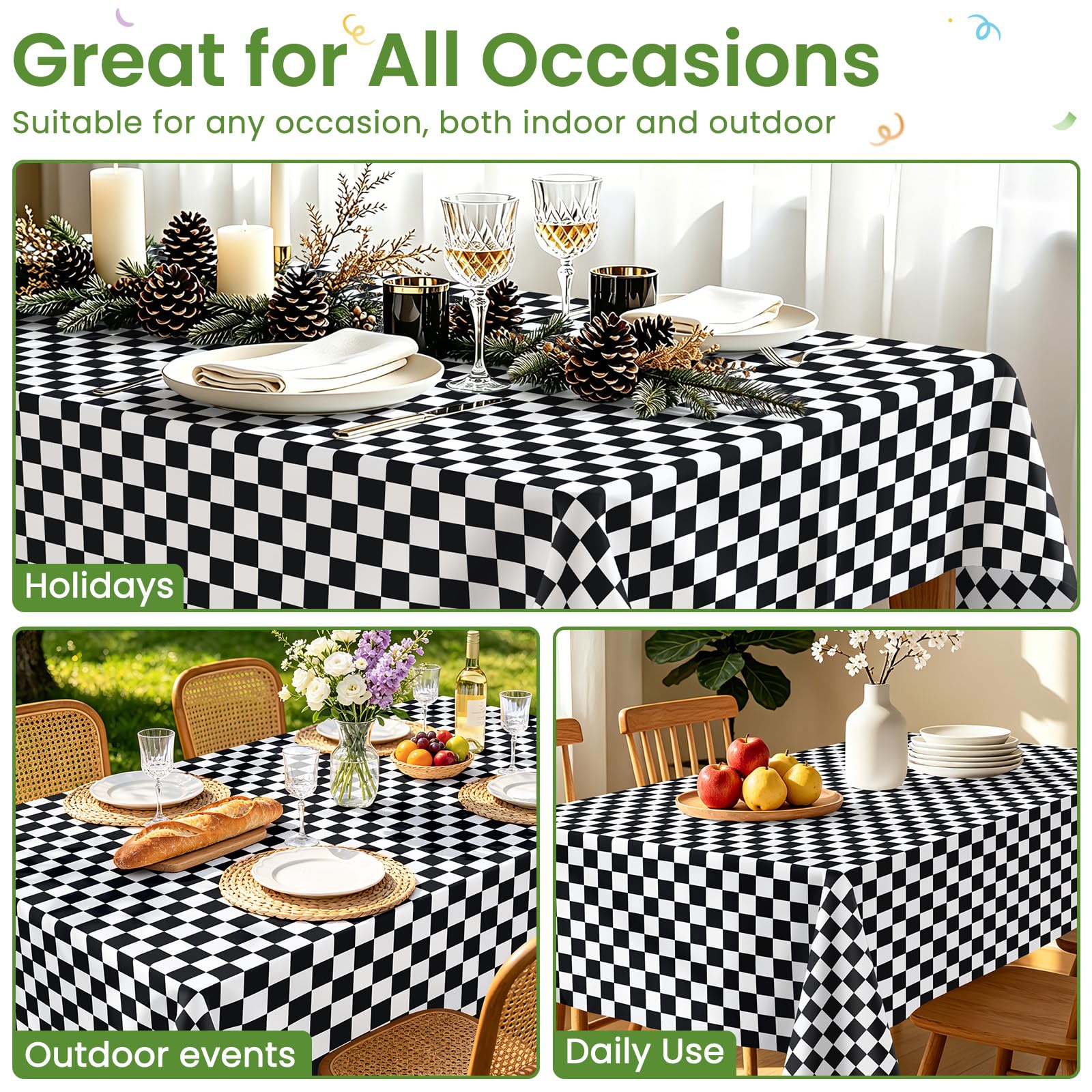 Paquete de 6 manteles a cuadros en blanco y negro, manteles de plástico para fiestas, desechables, 54 x 108 pulgadas, mantel impermeable con bandera a cuadros negros para cumpleaños, fiestas,