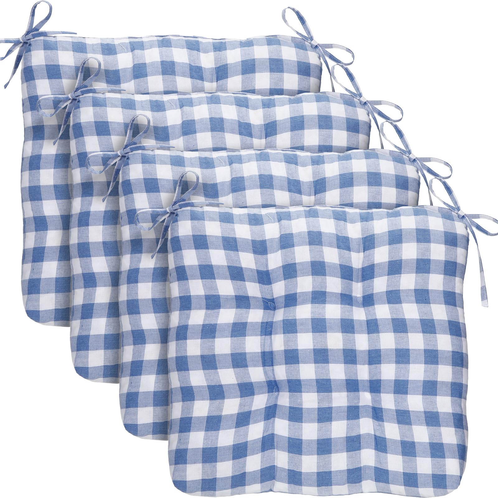 Geetery 4 Pack Plaid Chair Cushions, 16" x 15", Blue and White